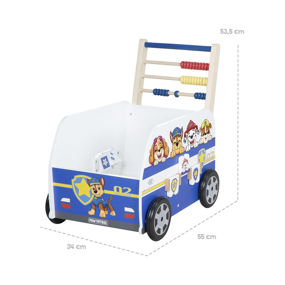 Un'auto giocattolo Paw Patrol con abaco e ruote. Le dimensioni sono indicate.