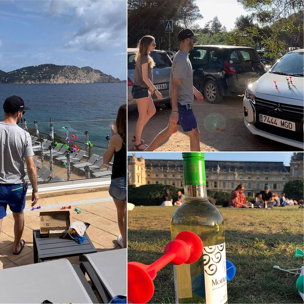 Collage: Vista mare con lettini, parcheggio con auto, persone al parco con vino.