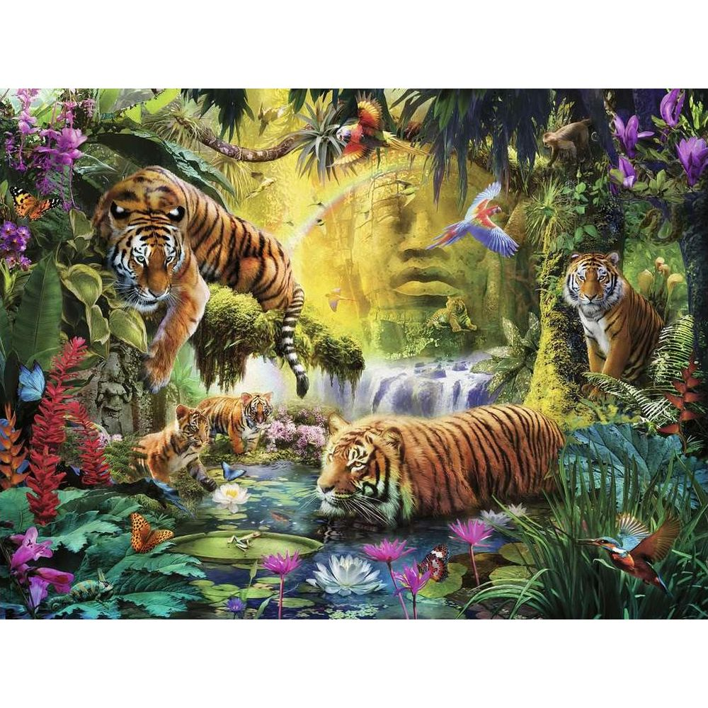 Tigern und Jungtieren in einem Dschungel mit einem Wasserfall und bunten Vögeln.
