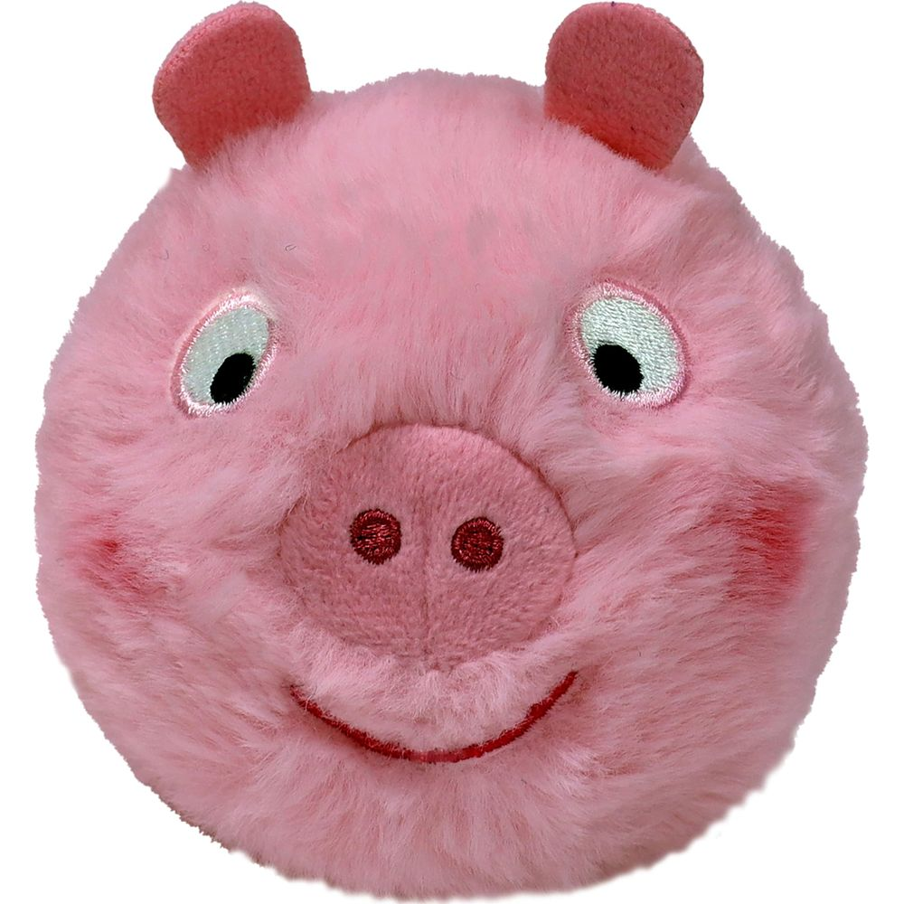 Testa di maiale rosa di peluche con occhi e naso ricamati, sorridente.