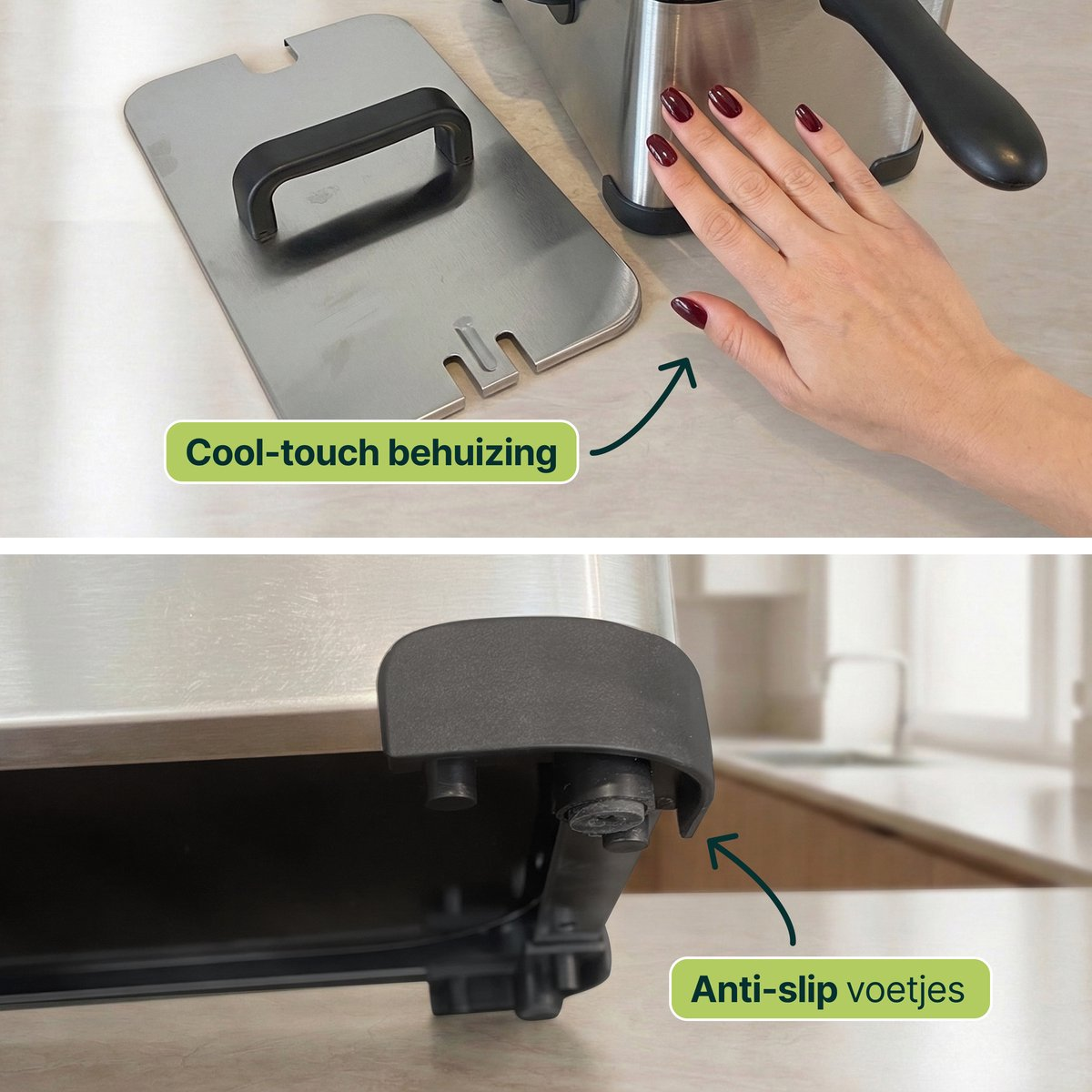 RVS frituurpan met deksel en hand. Koel-touch behuizing en anti-slip voetjes.