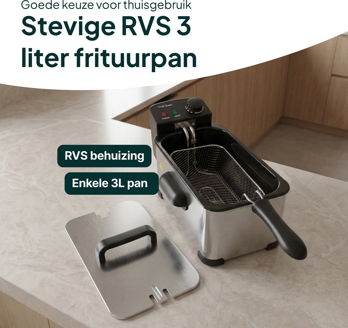 RVS 3L frituurpan met metalen behuizing en deksel.