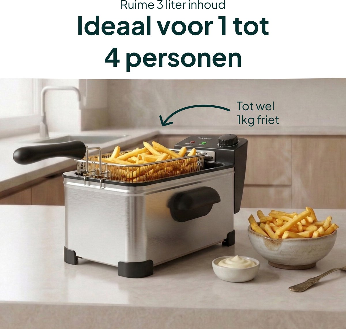 Een zilveren frituurpan met frietjes erin en ernaast. Ideaal voor 1-4 personen.