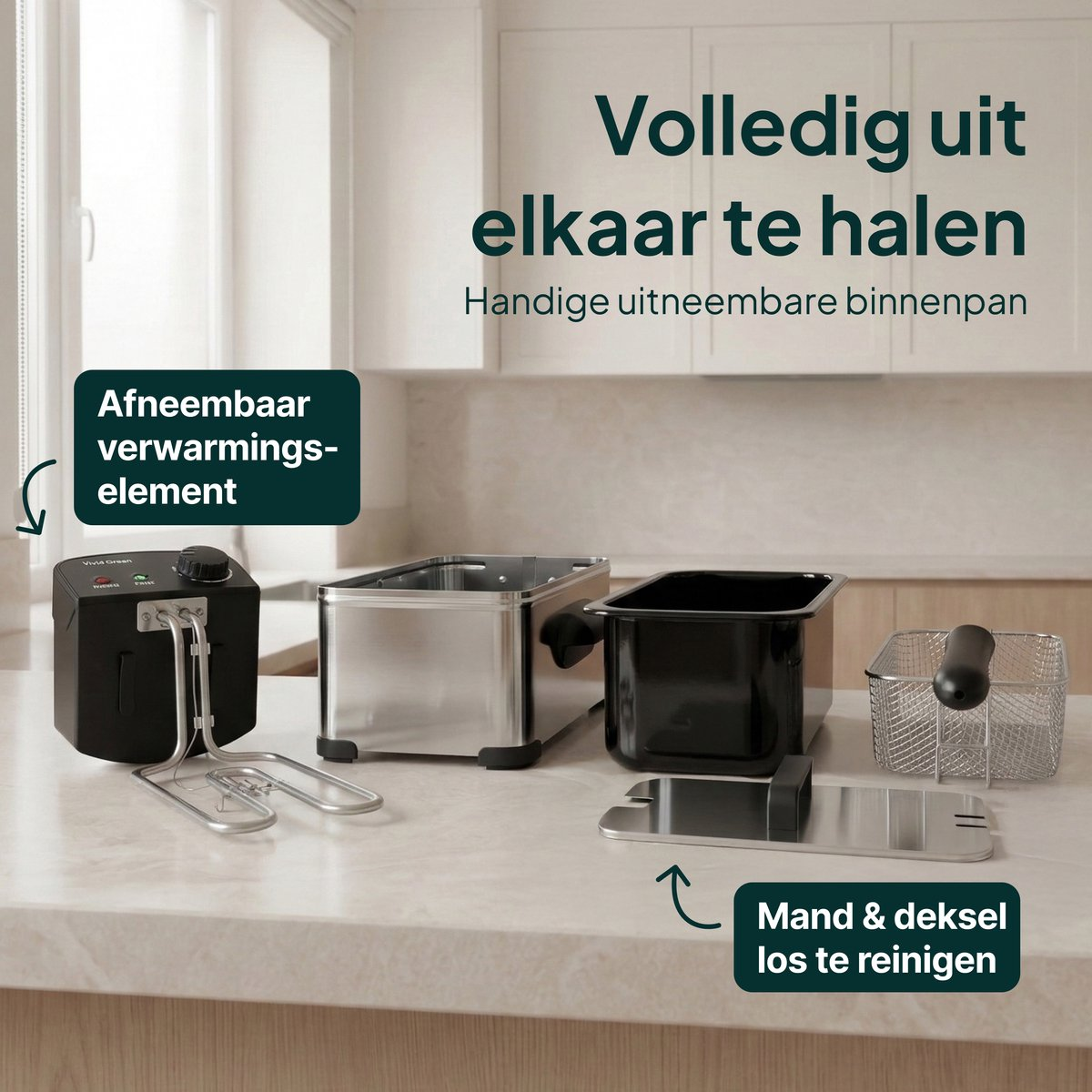 Een demontabele frituurpan met afneembaar verwarmingselement.