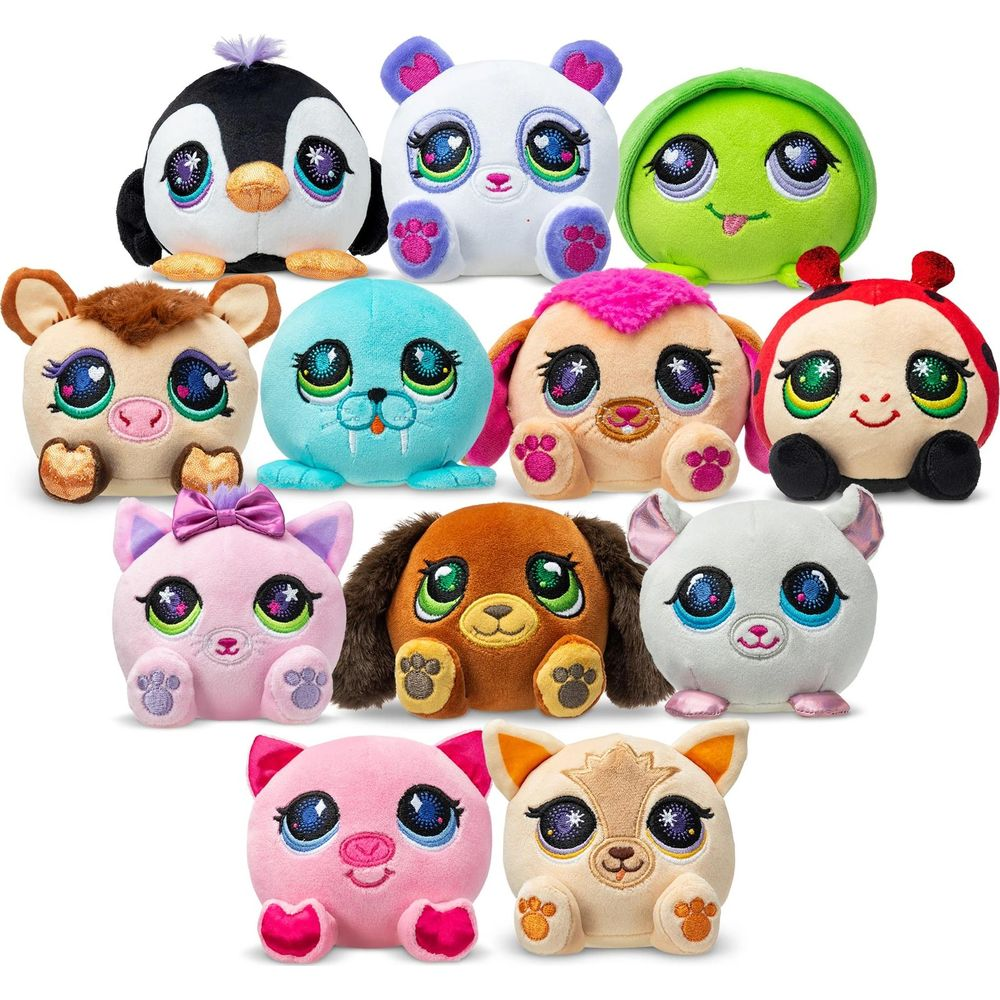 Una collezione di 10 peluche rotondi di vari animali con grandi occhi scintillanti.