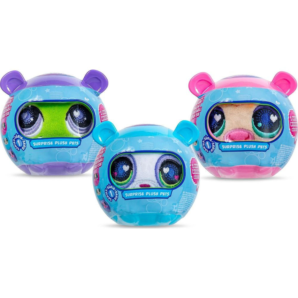 Tre confezioni rotonde di peluche con orecchie d'orso viola, blu e rosa.