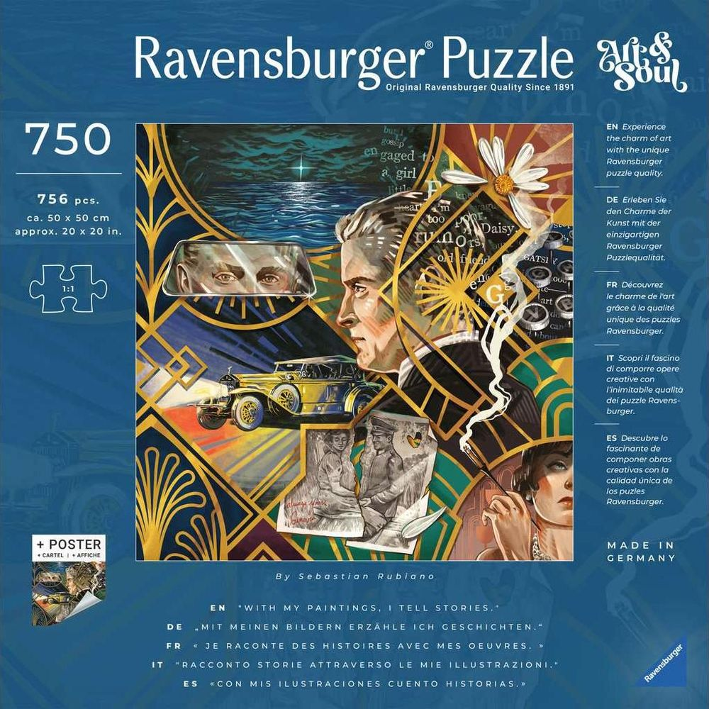Ravensburger Puzzle mit Kunstwerk: Mann, Auto, Meer, Blumen und Text.