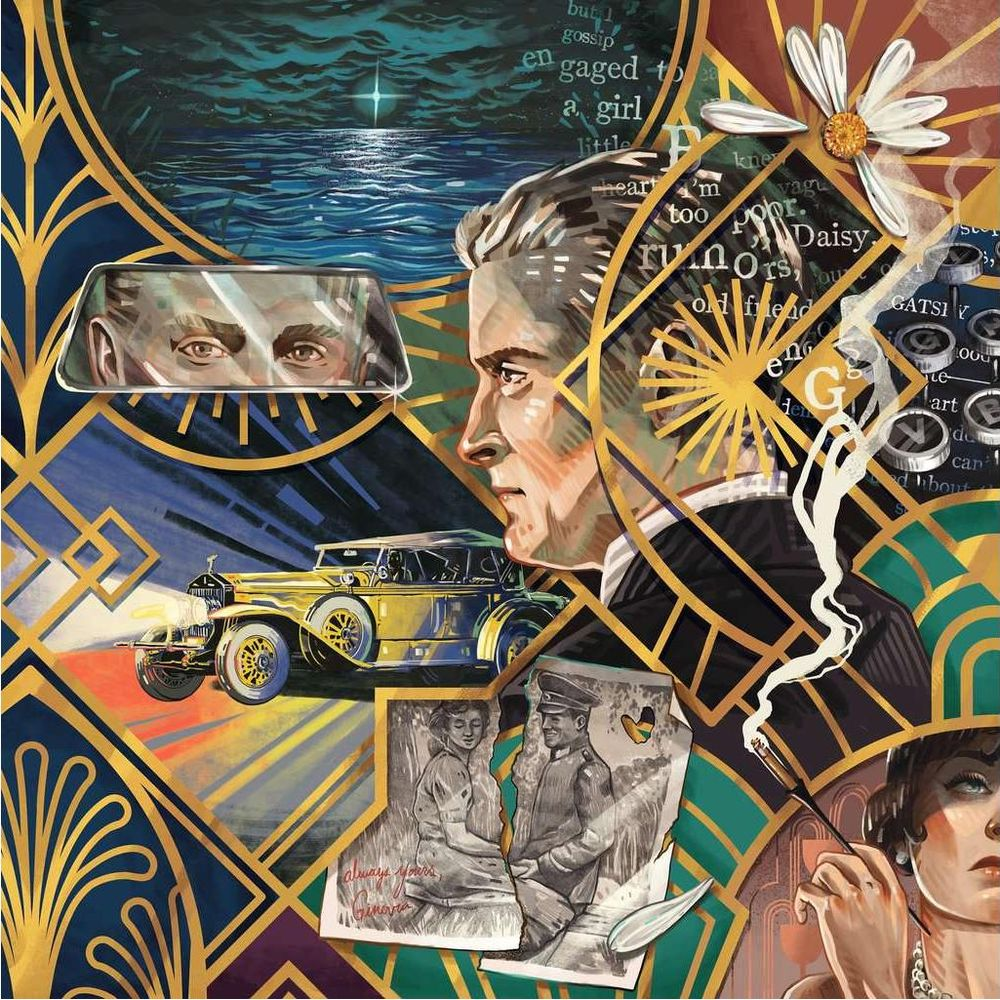 Art-déco-Collage mit Mann, Auto, Meer, Foto und Text.