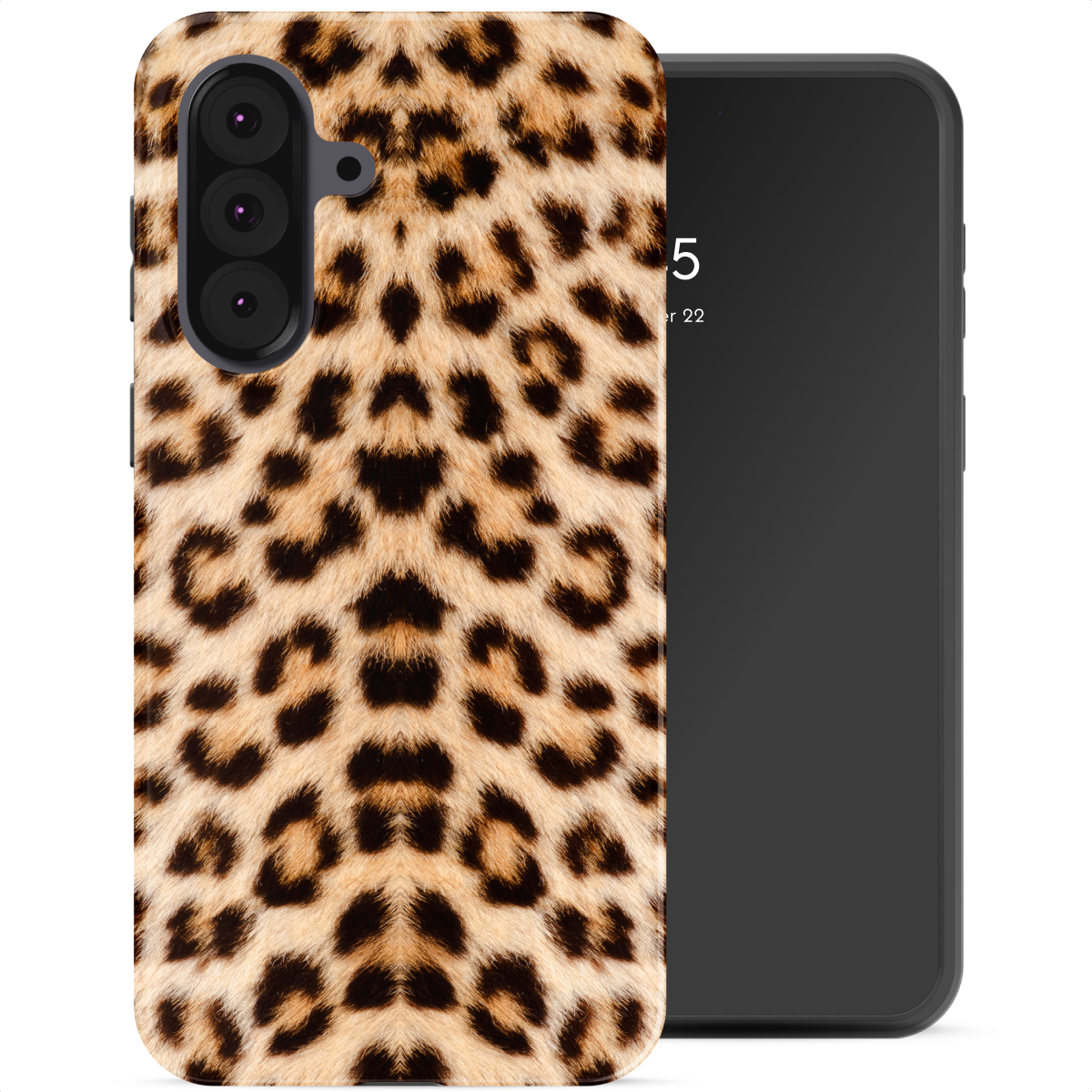 Coque de téléphone léopard à côté d'un smartphone sombre.