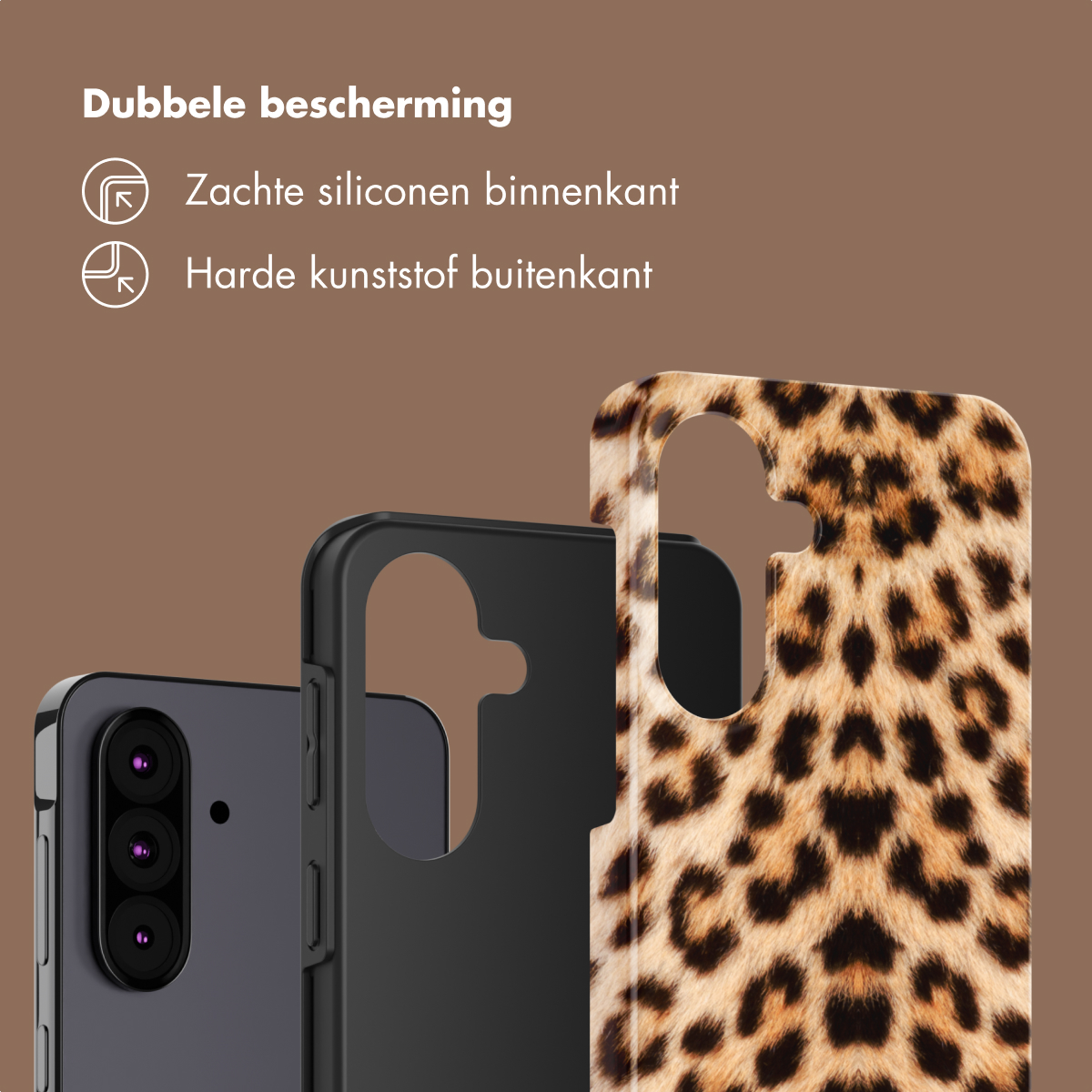 Trois coques de téléphone : violette avec caméras, noire et imprimé léopard.