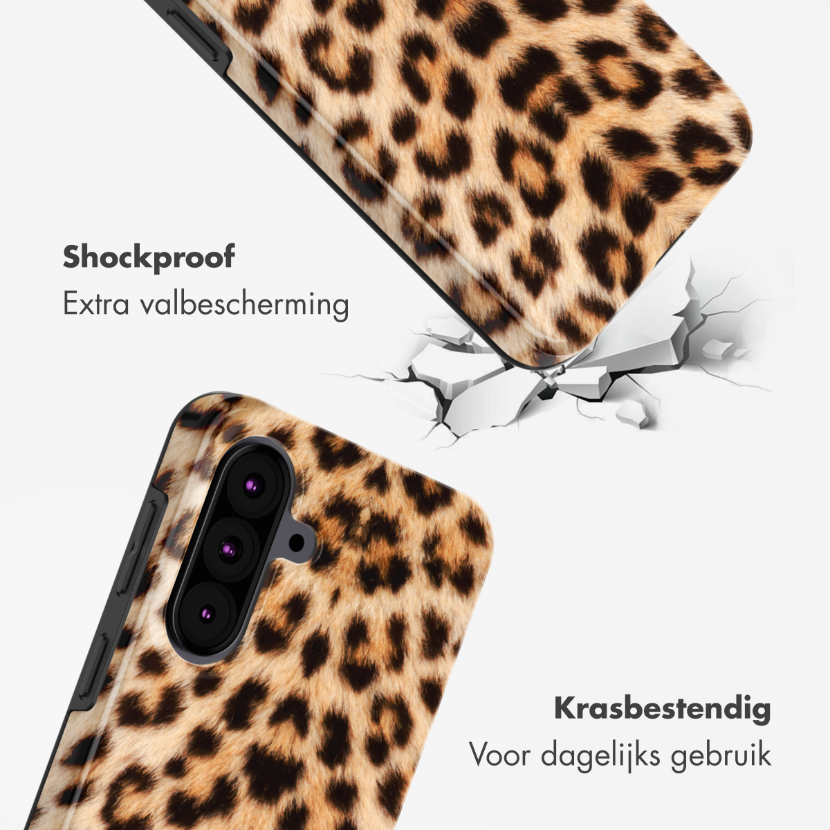 Coque de téléphone léopard avec texte 'Antichoc', 'Résistant aux rayures'.