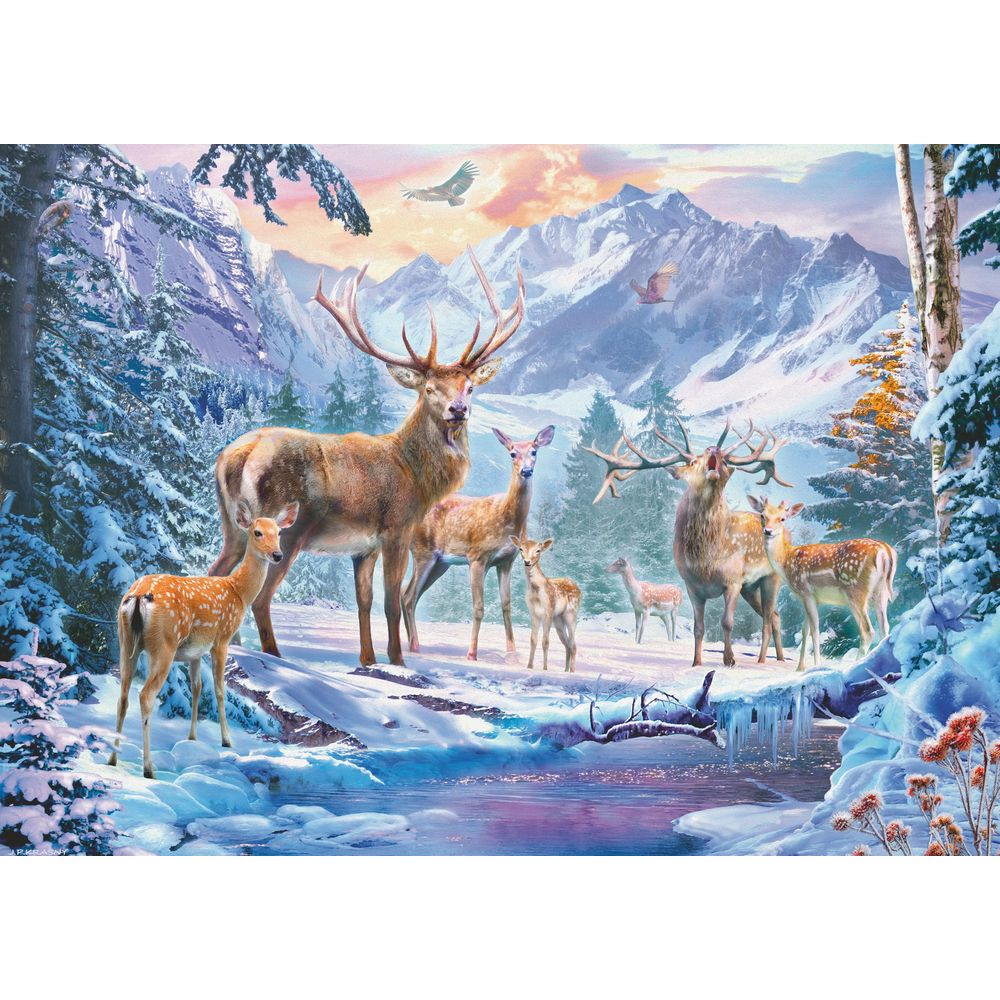 Cerfs dans un paysage enneigé avec montagnes et rivière.