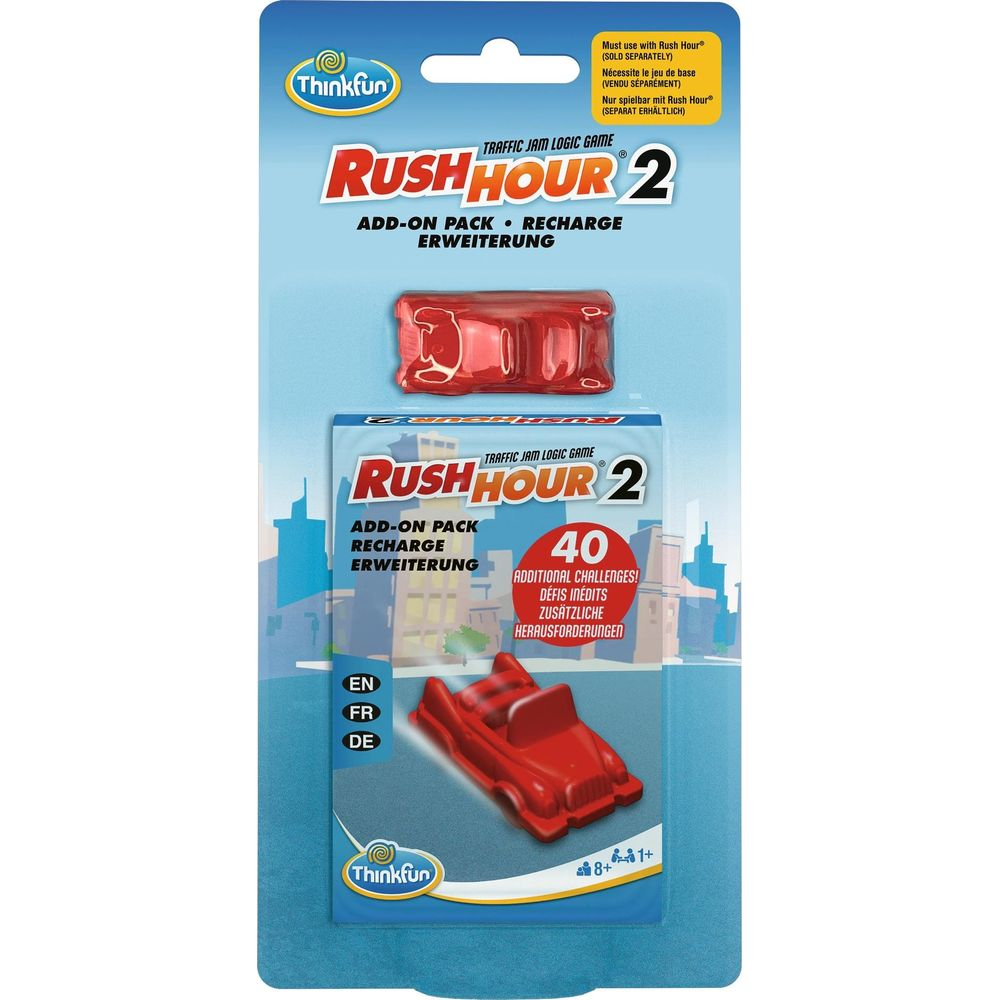Rush Hour 2 Add-On Pack: rote Autos und Spielbrett mit Herausforderungen. Mit Thinkfun Logo.