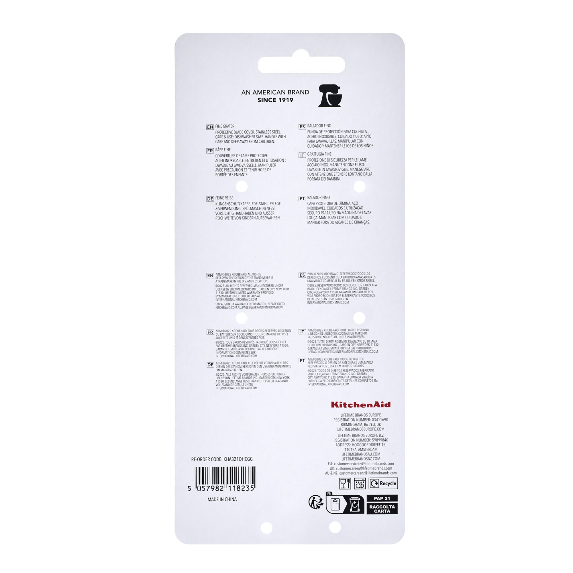 KitchenAid-Verpackung mit Produktinformationen in mehreren Sprachen und Barcode.