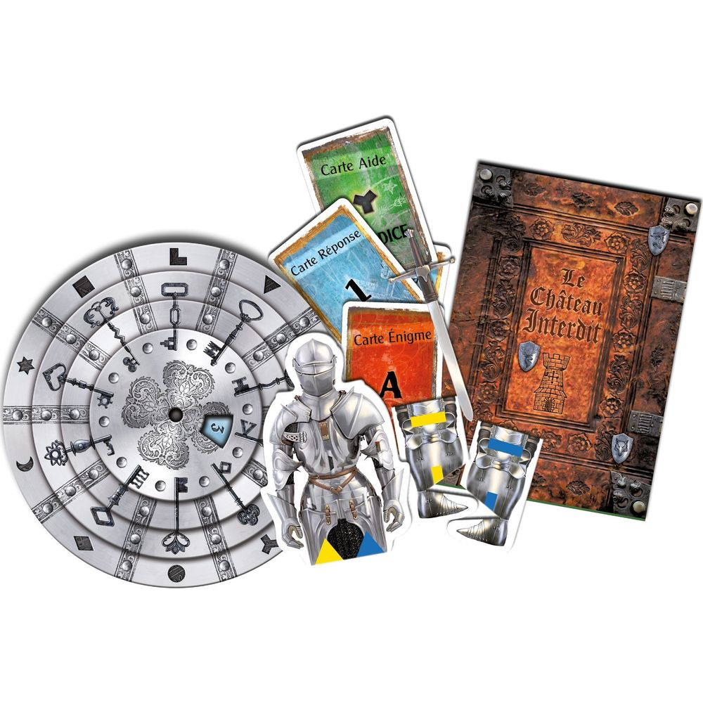 Componenti del gioco da tavolo: figura di cavaliere, ruota con simboli di chiavi, due parti di armatura, carte e libro.