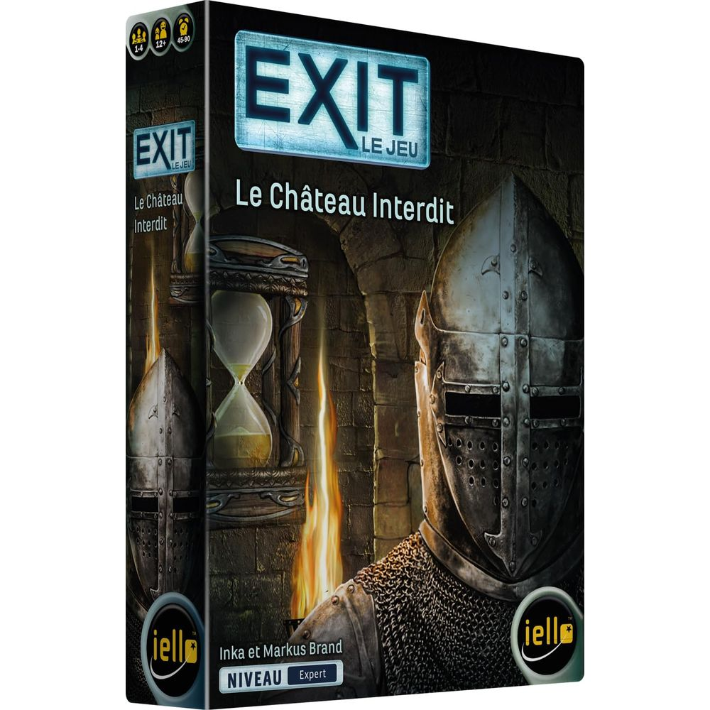 Copertina gioco da tavolo con elmo da cavaliere, clessidra e fiamme. Titolo: Le Château Interdit.