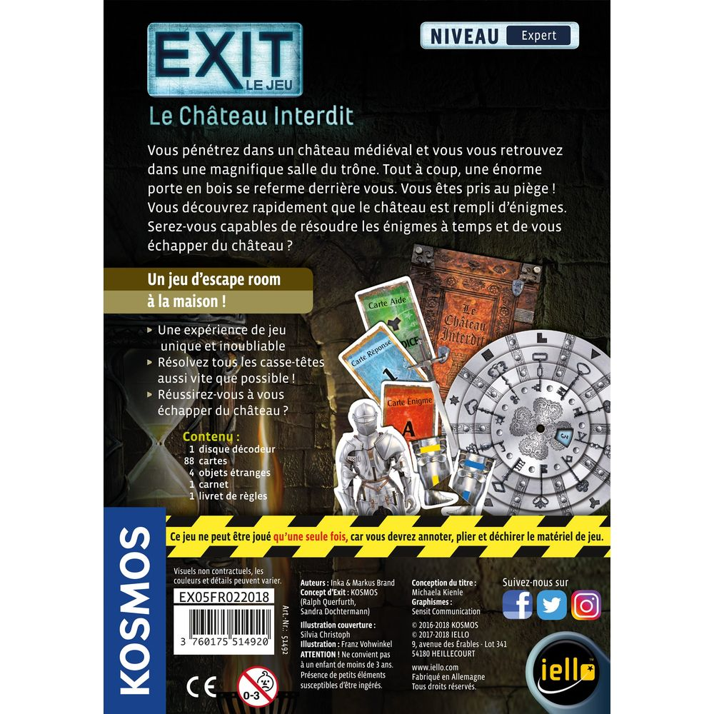Gioco da tavolo EXIT: Le Château Interdit. Cavaliere, carte e meccanismo.