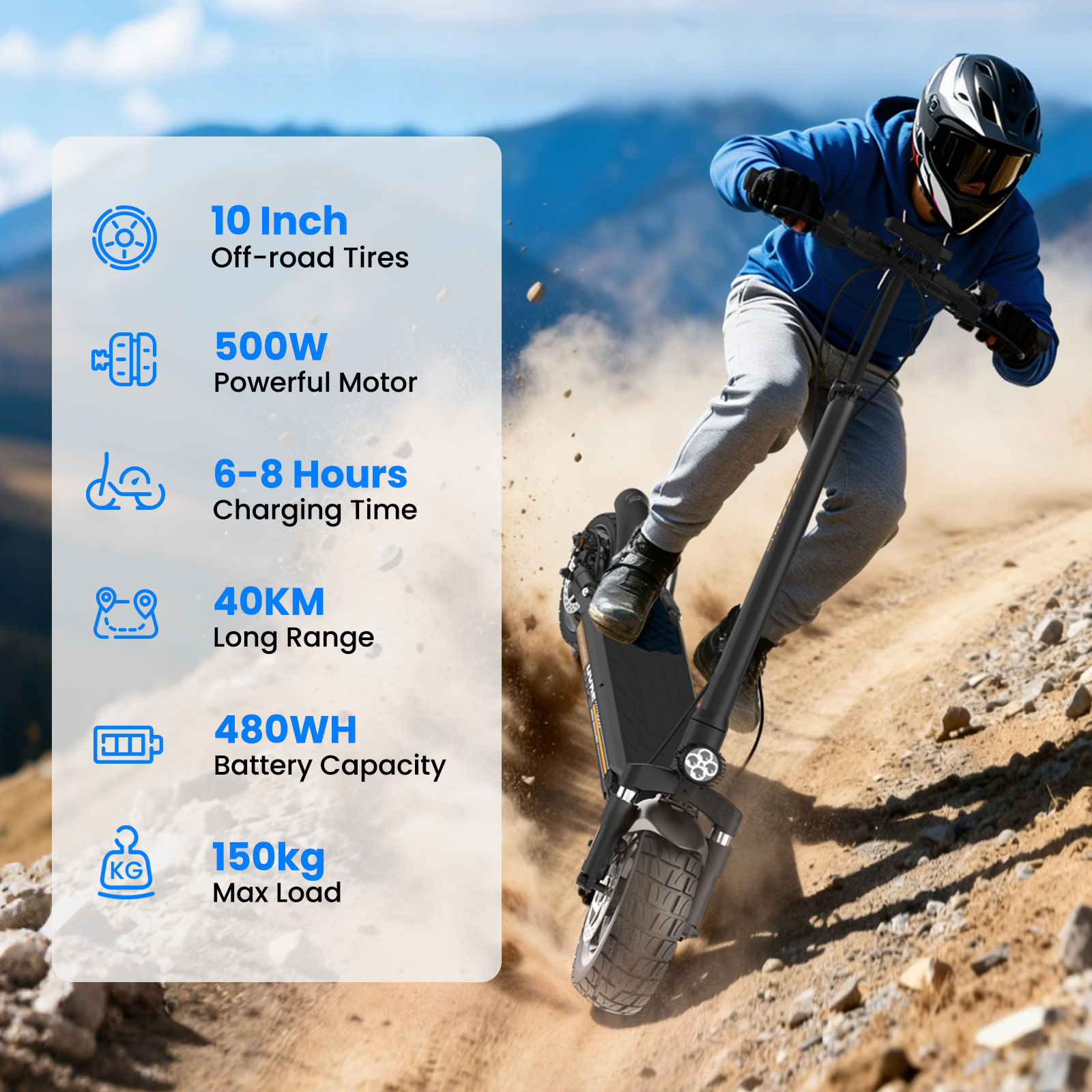 Mężczyzna jedzie skuterem terenowym z dużymi oponami. Po lewej specyfikacje.