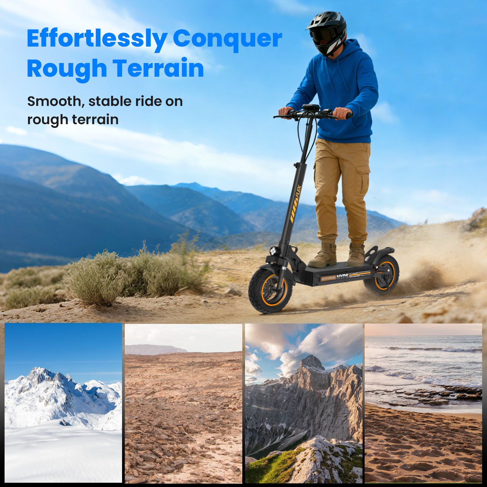 Mężczyzna jedzie na hulajnodze elektrycznej w pagórkowatym terenie; cztery sceny poniżej: śnieg, pustynia, góry, plaża.