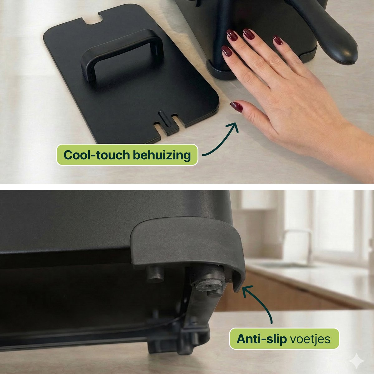 Black appliance lid with handle. Hand touches cool housing. Non-slip feet shown.