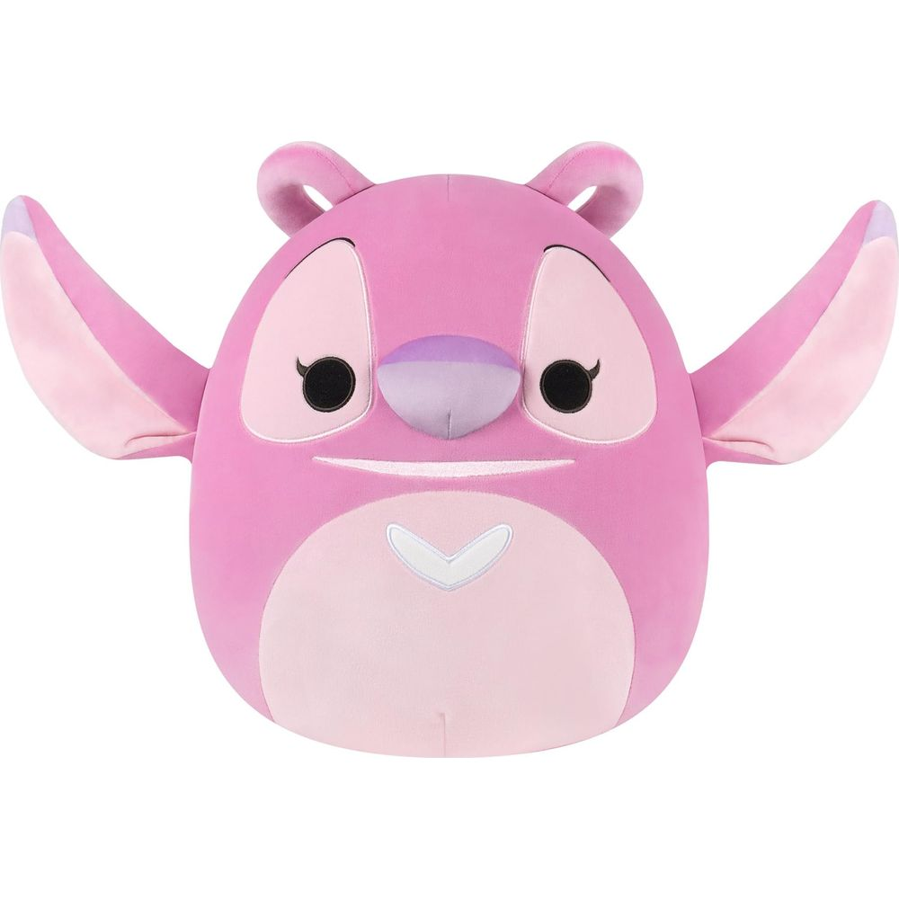 Un peluche rosa con grandi occhi e orecchie, su sfondo bianco.