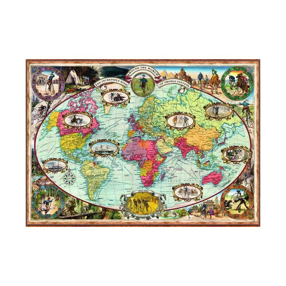 Carte du monde avec scènes historiques, cyclistes et navires.