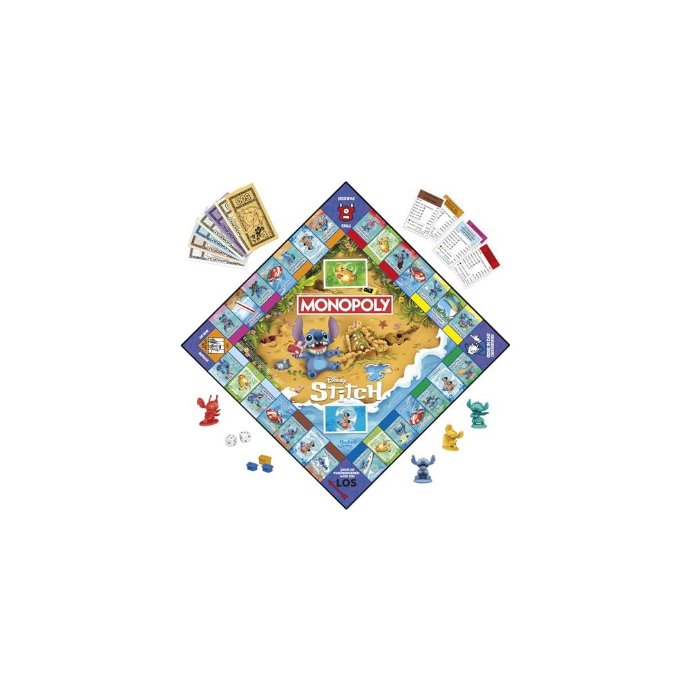 Stitch Monopoly Spielbrett mit Geld, Würfeln und Spielfiguren auf weißem Hintergrund.