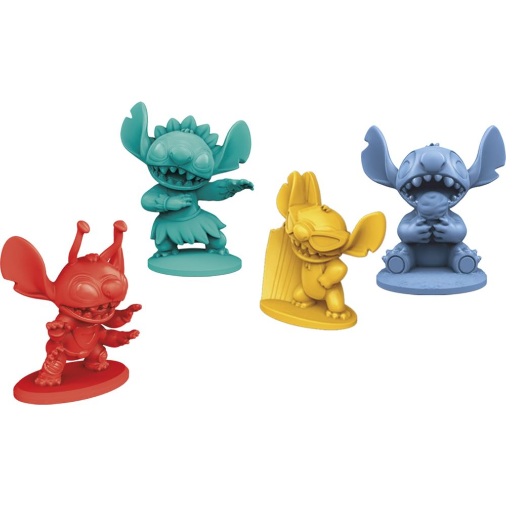 Vier Stitch-Figuren in Rot, Türkis, Gelb und Blau vor weißem Hintergrund.