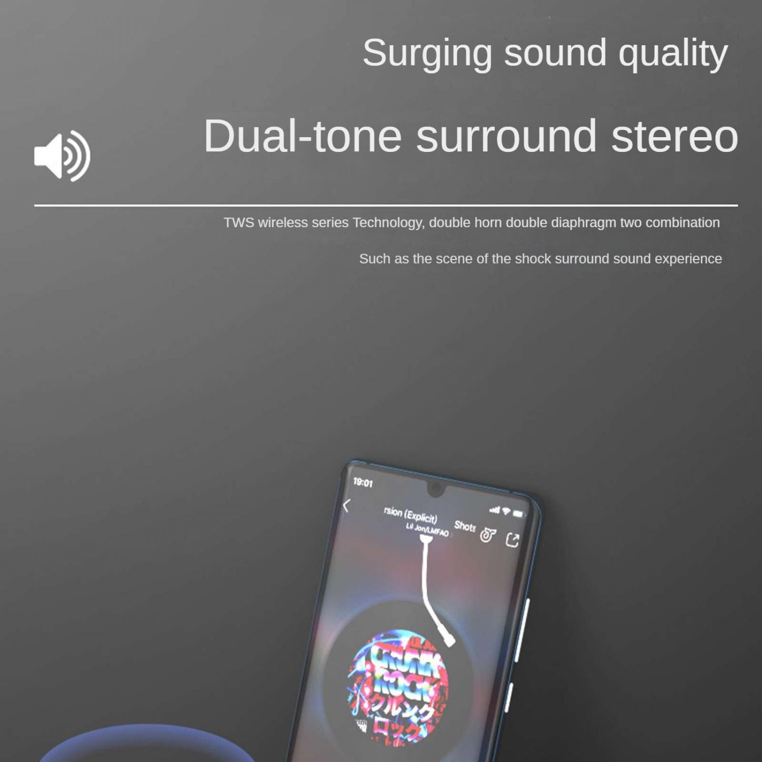 Smartphone zeigt Musik-Player mit Albumcover. Text: Surging sound quality.