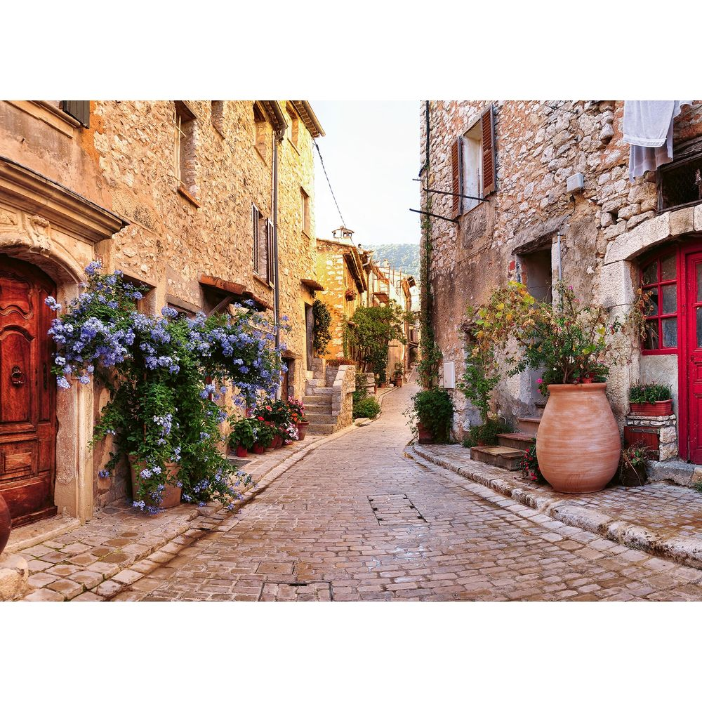 Una strada acciottolata con case in pietra e fiori blu.