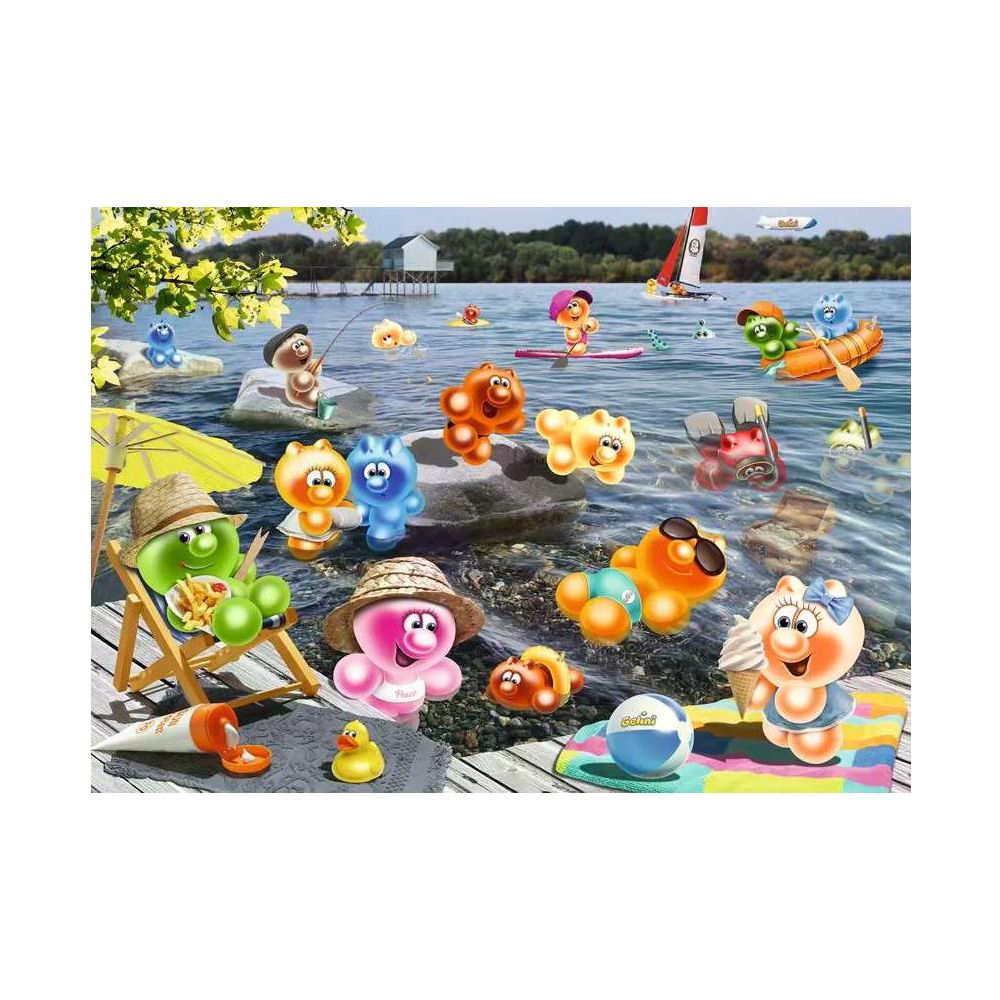 Bunte Figuren entspannen sich am Seeufer, spielen und treiben Wassersport.