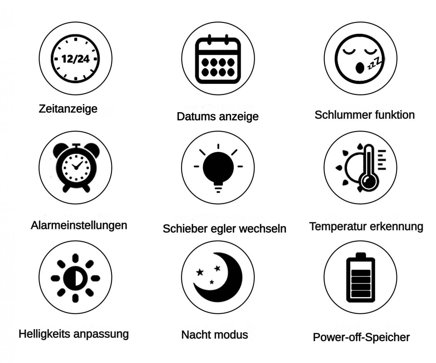 Symbole: Uhr, Kalender, schlafendes Gesicht, Wecker, Glühbirne, Thermometer, Sonne, Mond, Batterie.