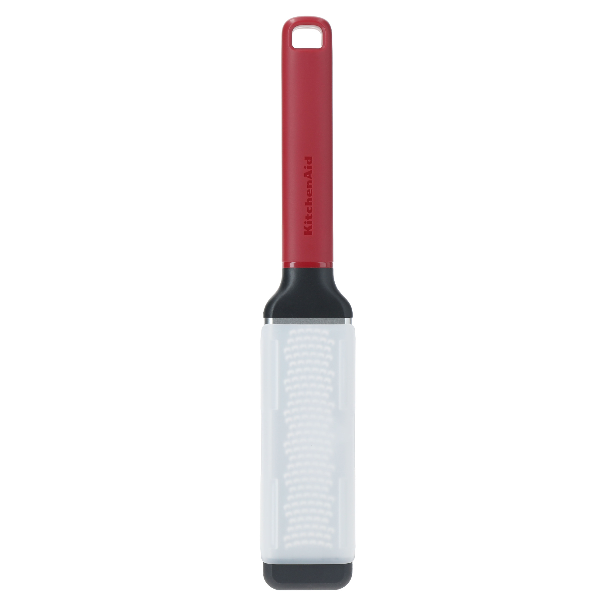 Rote KitchenAid-Reibe mit transparentem Behälter und schwarzem Griffende.