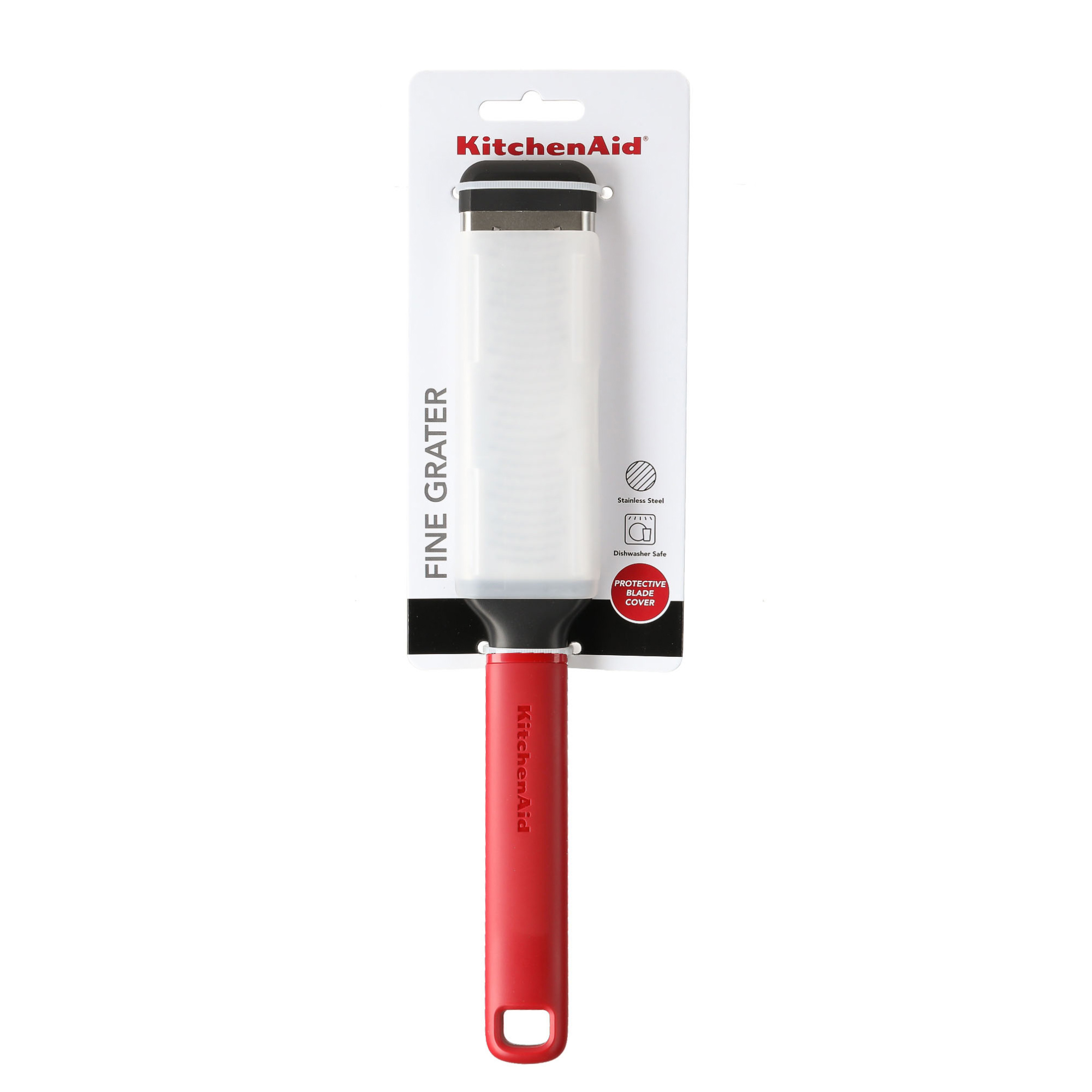Ein roter KitchenAid-Zester mit weißem Griff und Schutzhülle.