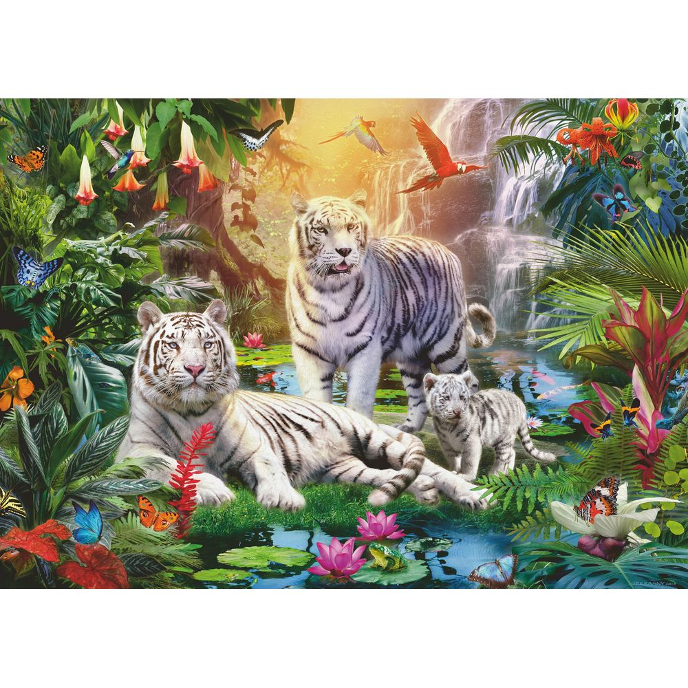 Weiße Tigerfamilie in üppigem Dschungel mit Wasserfall und Schmetterlingen.