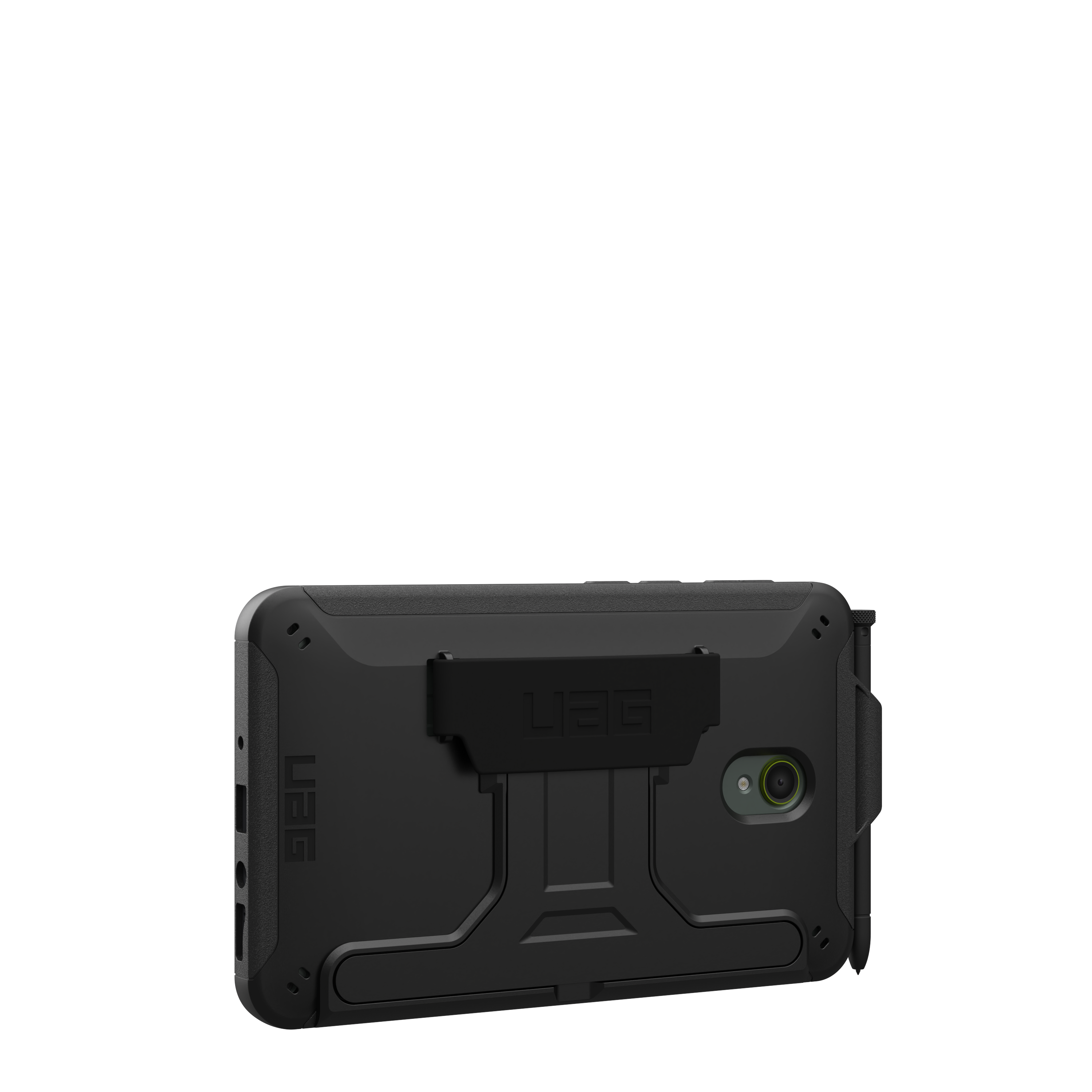Schwarzes Smartphone-Gehäuse mit UAG-Logo, Kamera und Stift.