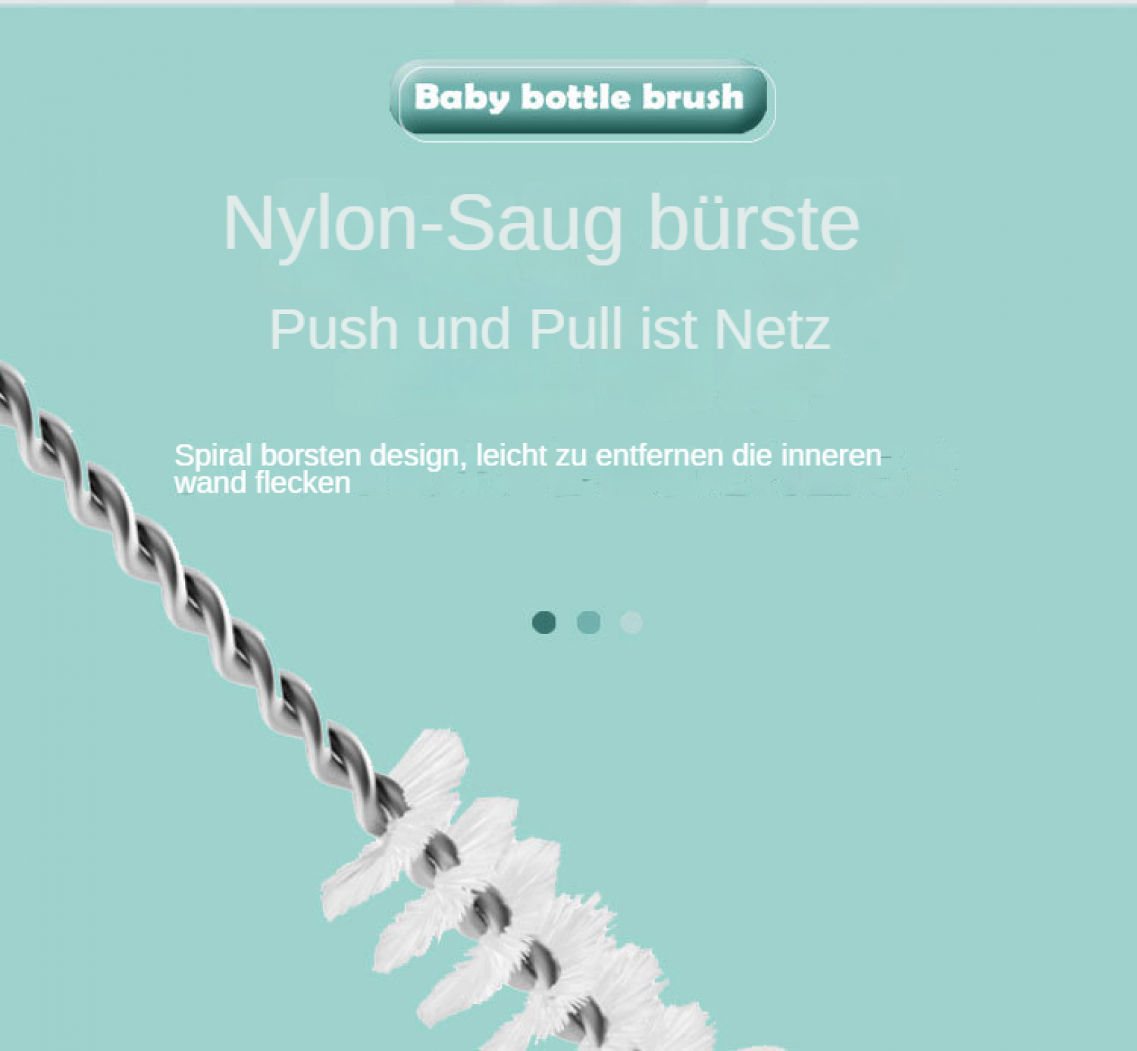 Eine Babyflaschenbürste mit weißer Nylonborste und spiralförmigem Metalldraht.