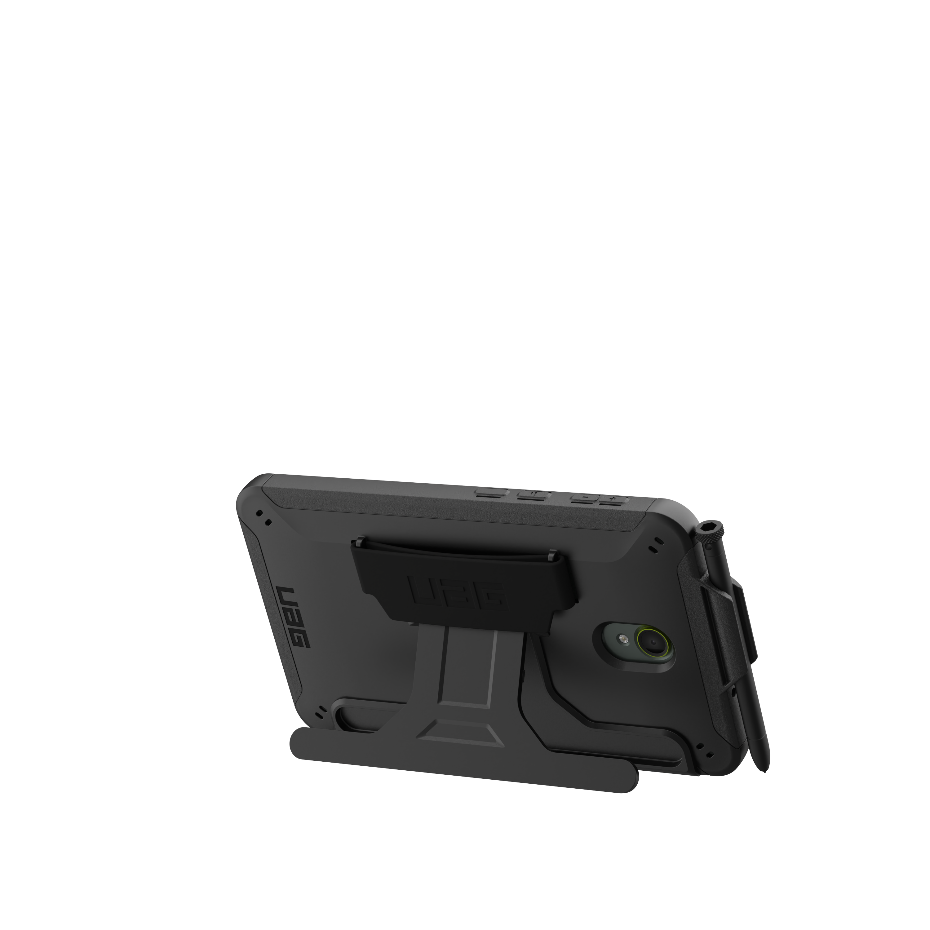 Schwarzer Tablet-Ständer mit integriertem Griff und Stylus-Halterung.