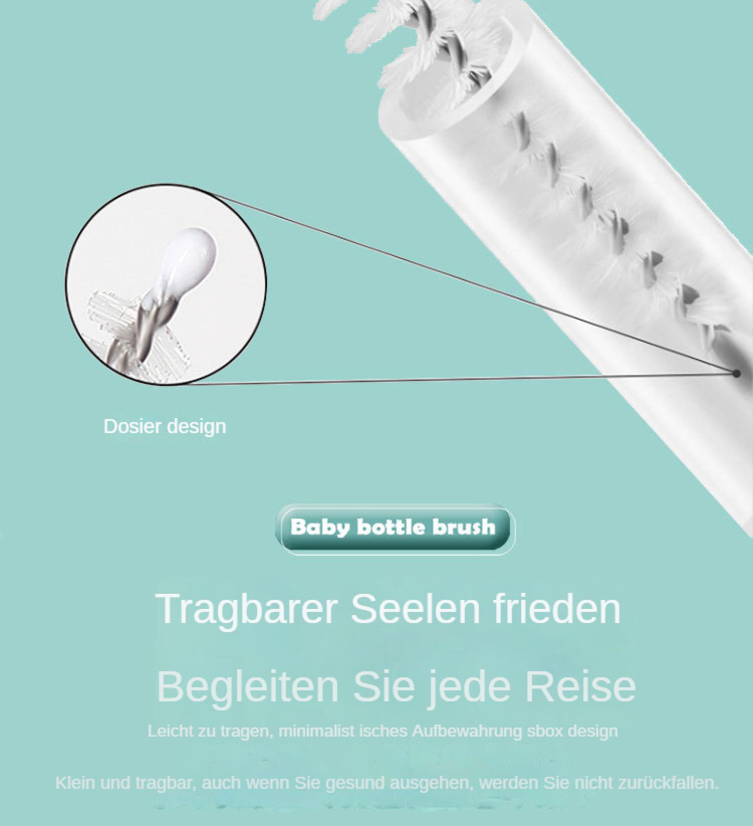 Babyflaschenbürste mit Dosierdesign, tragbar und minimalistisch.