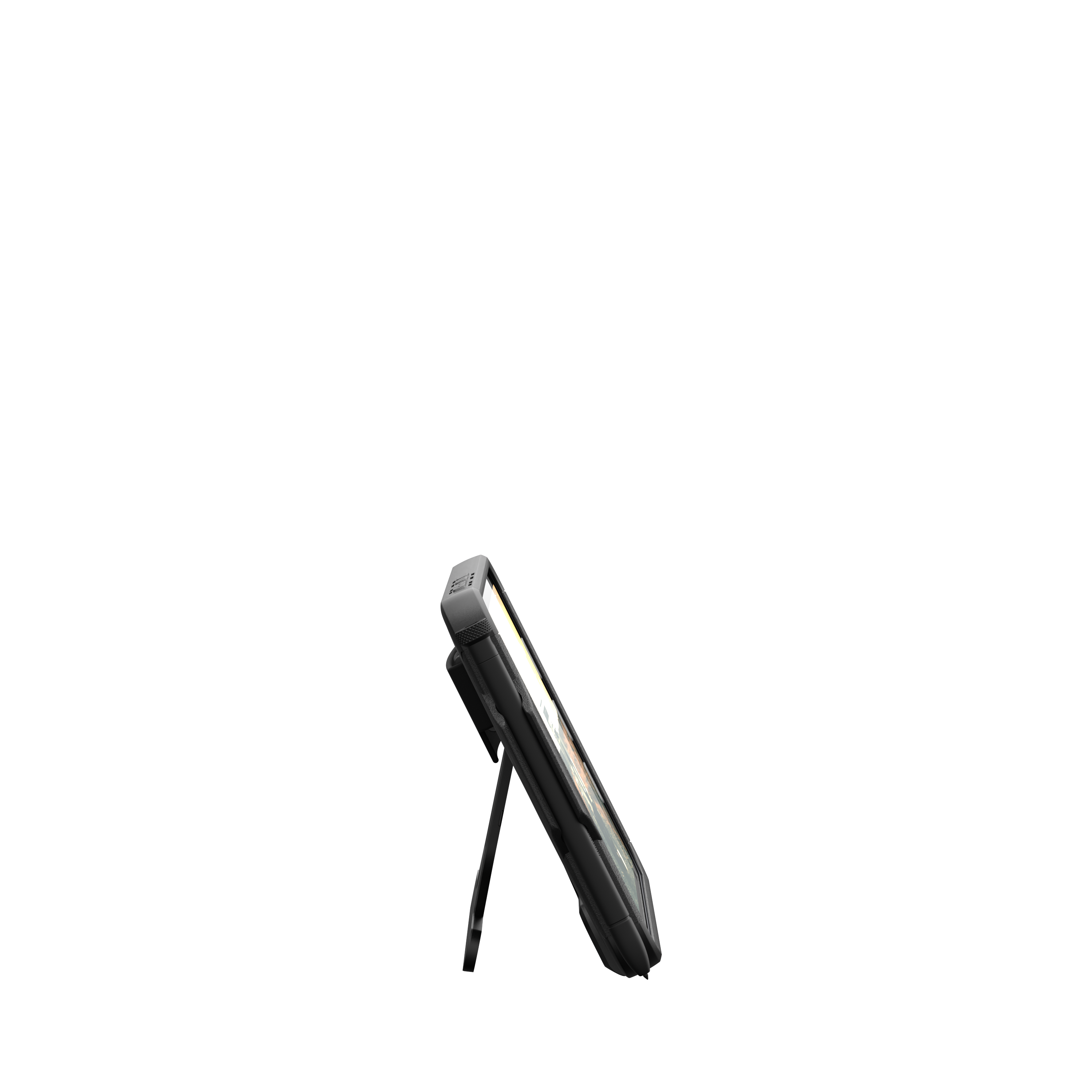 Ein graues Smartphone mit Ständer steht auf schwarzem Hintergrund.