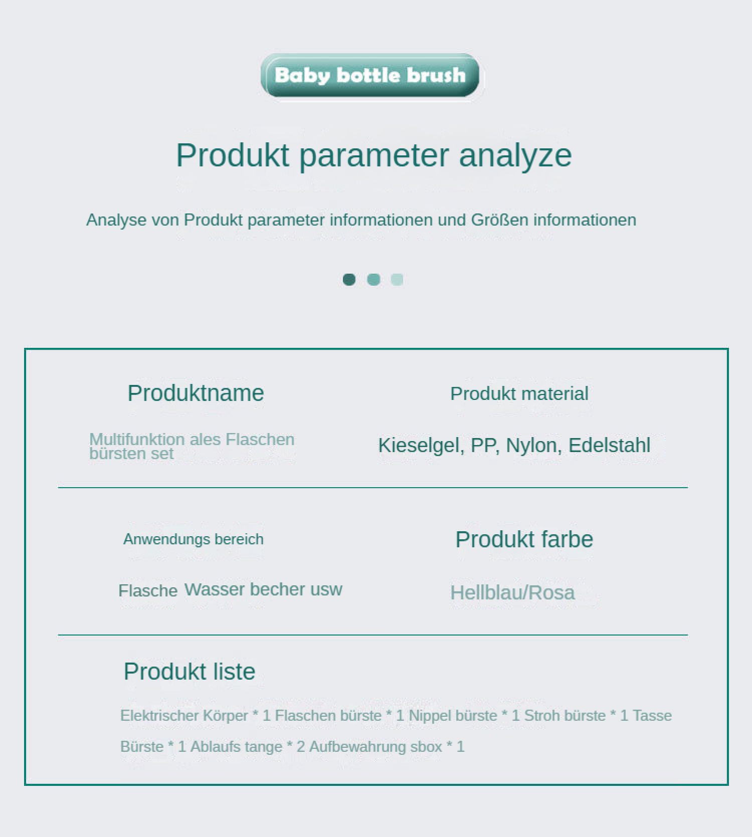 Produktinformationen für Babyflaschenbürsten: Material, Farben, und Liste.