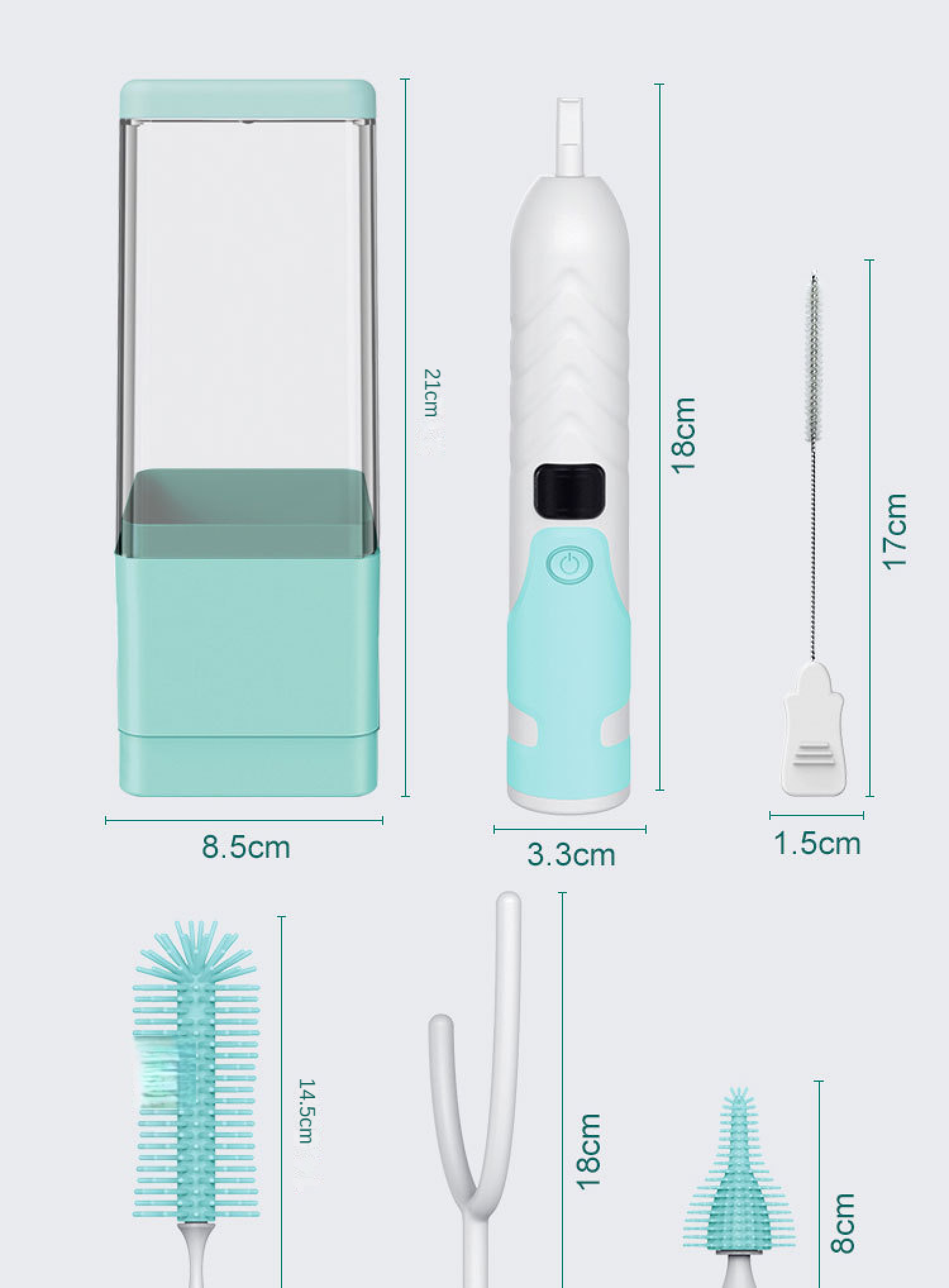 Set mit Reinigungsbürsten und Behälter. Blau und Weiß.