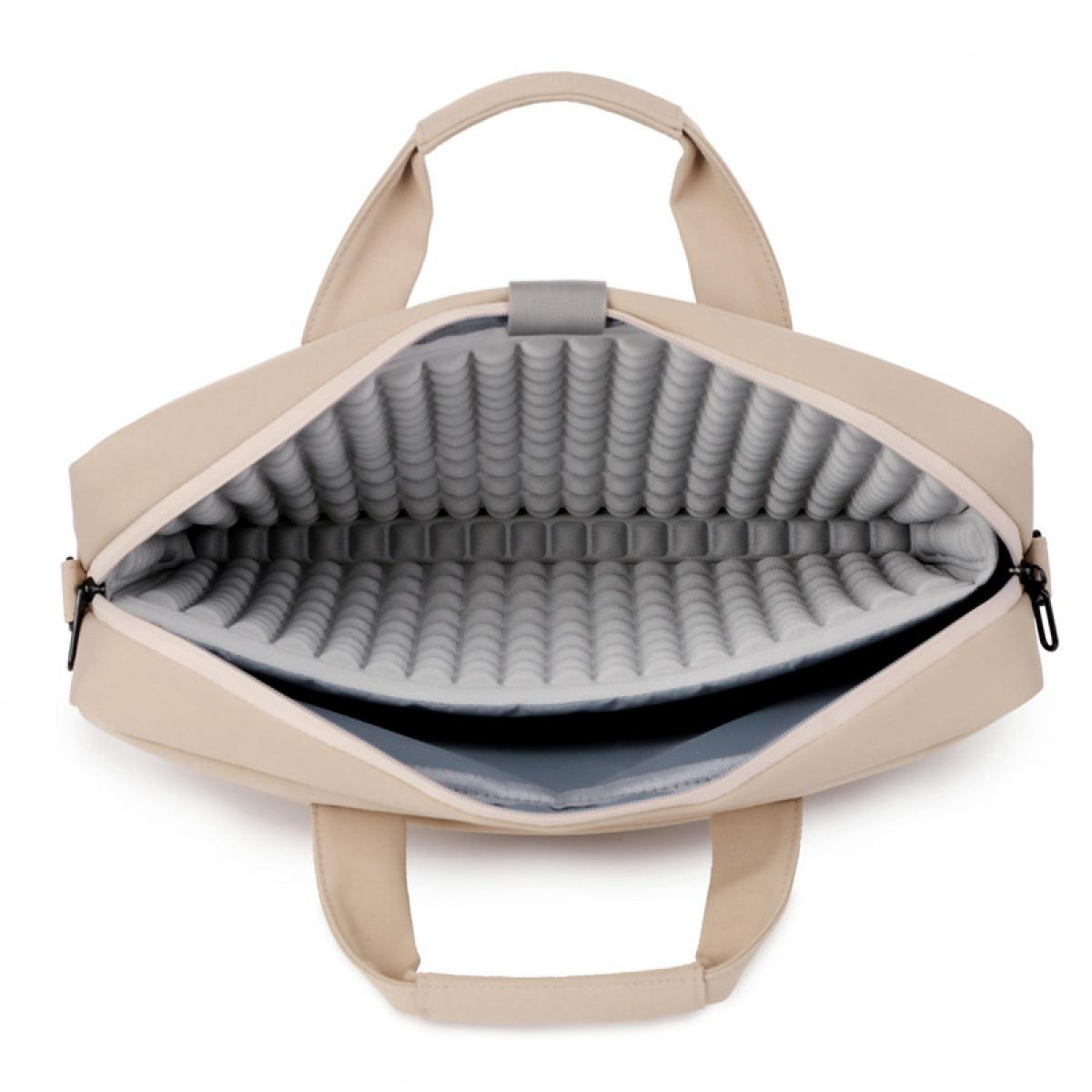 Beige Laptoptasche mit gepolstertem Innenleben, Griffe und Reißverschluss.