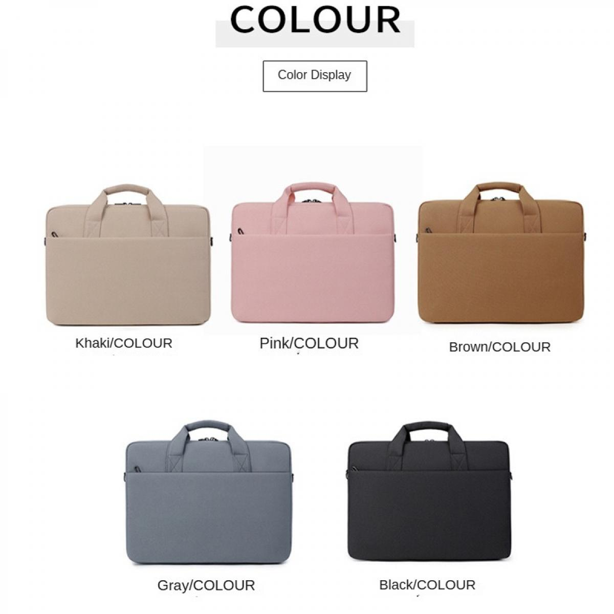 Fünf Laptoptaschen in Khaki, Rosa, Braun, Grau und Schwarz nebeneinander.
