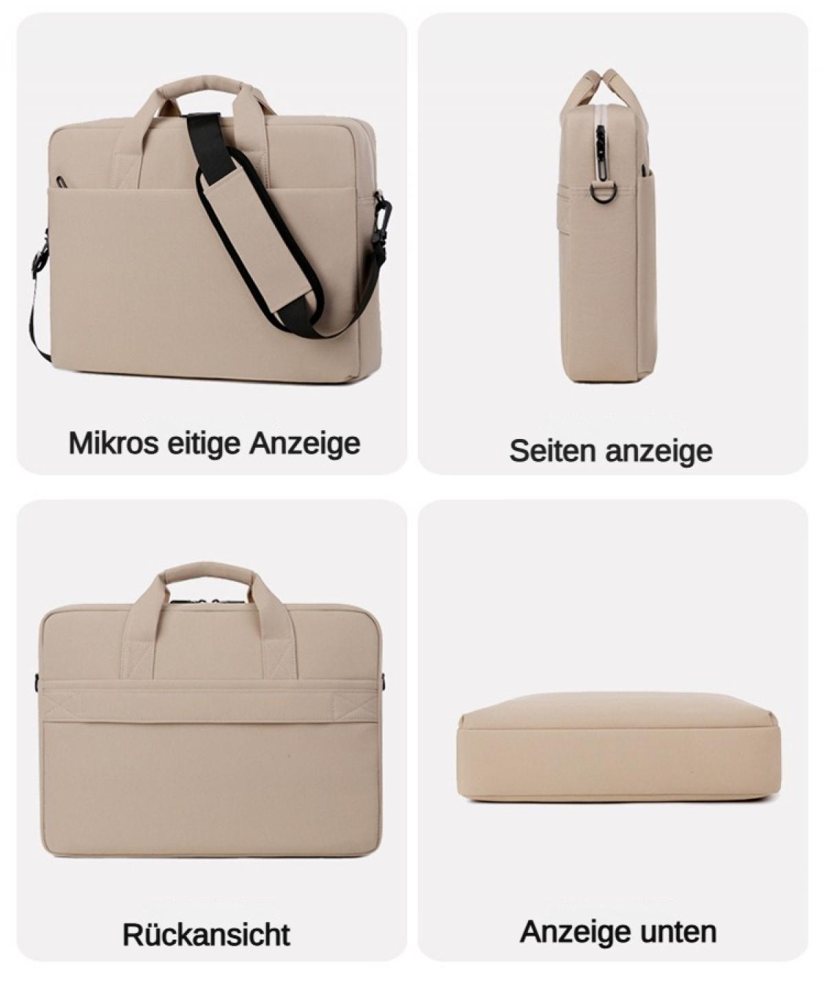 Beige Laptoptasche mit Henkeln, Schultergurt und Reißverschluss.
