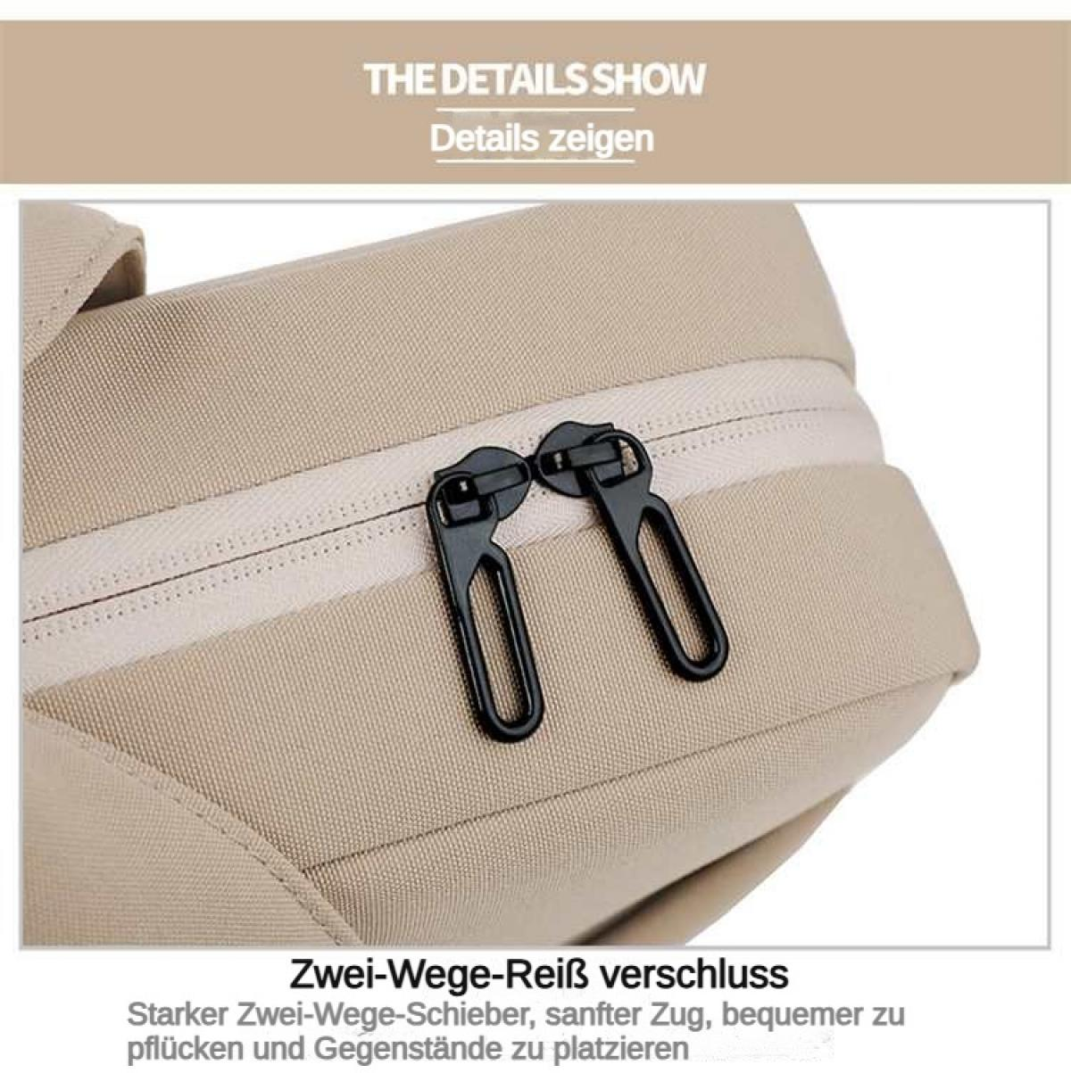 Nahaufnahme eines beige Stoffbeutels mit zwei schwarzen Reißverschlusszippern.
