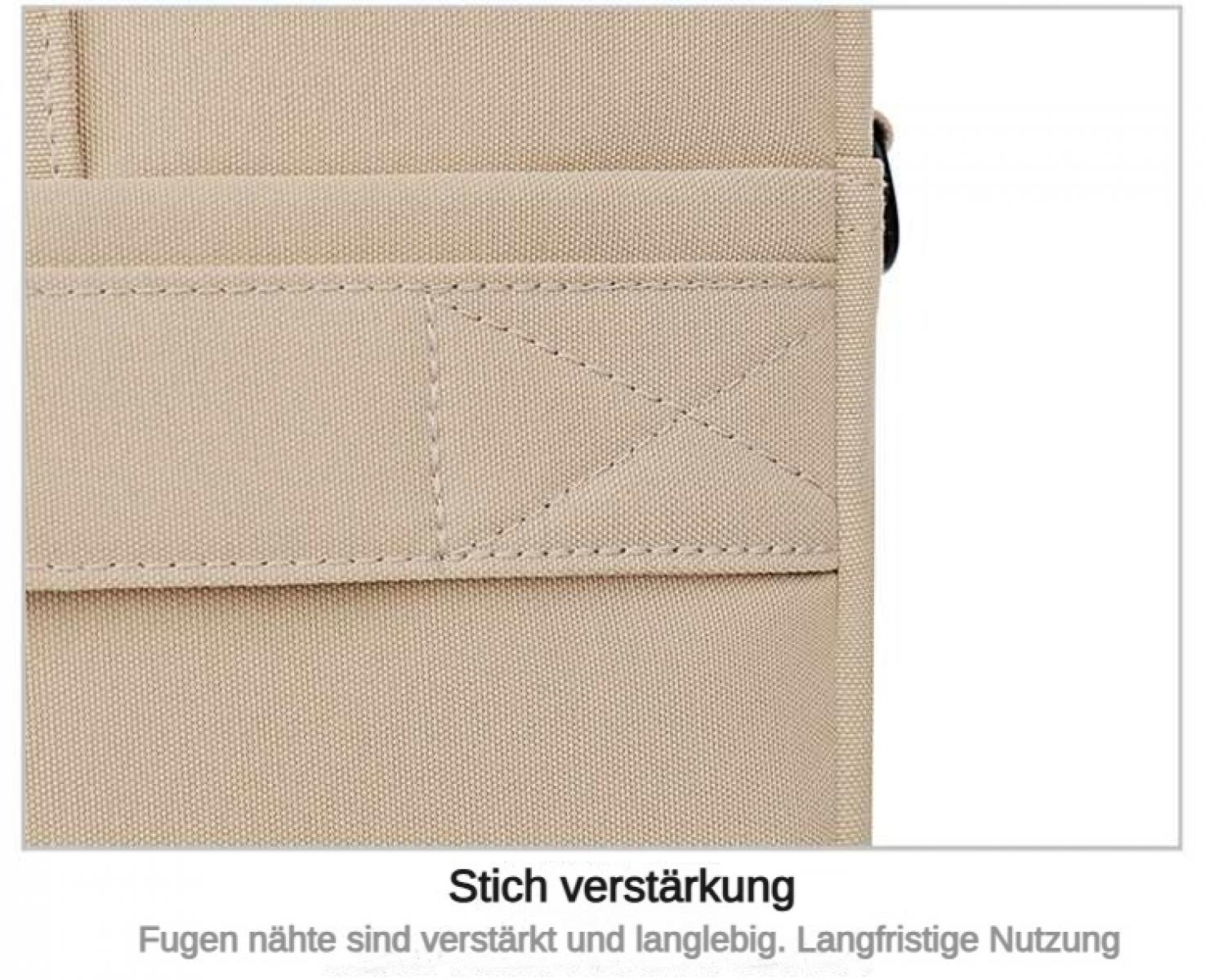 Nahverstärkung mit X-förmigen Nähten auf beige Stofftasche.