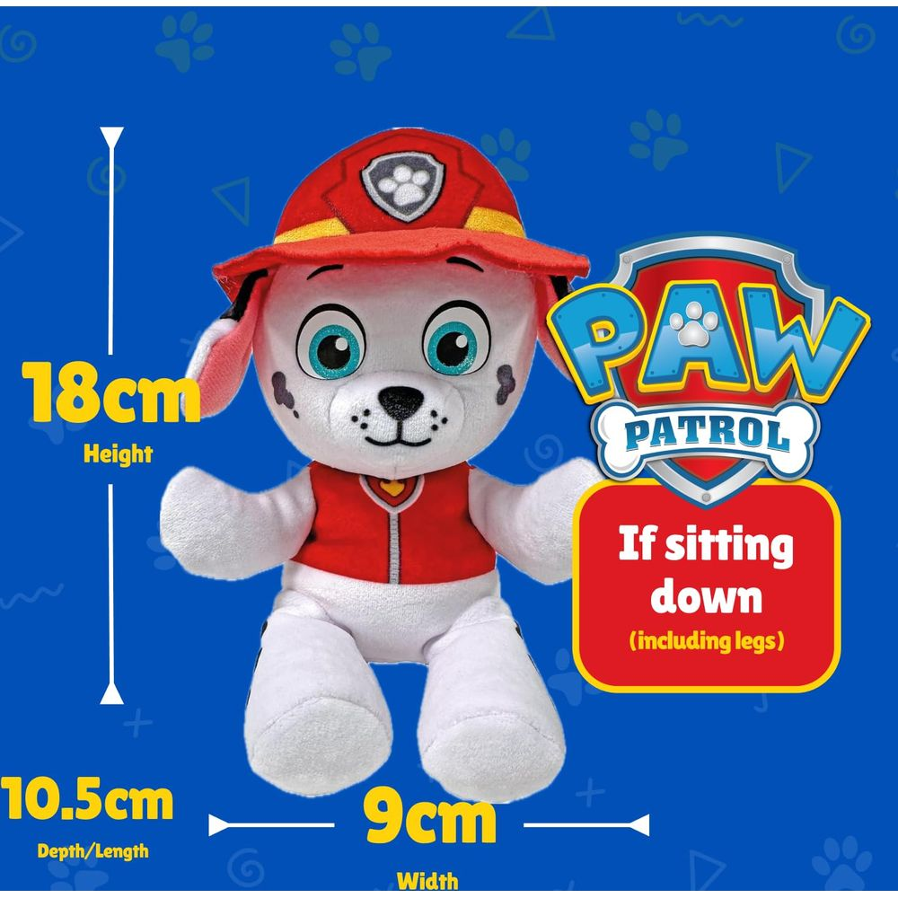 Un peluche Paw Patrol Marshall, alto 18cm, profondo 10,5cm, largo 9cm.