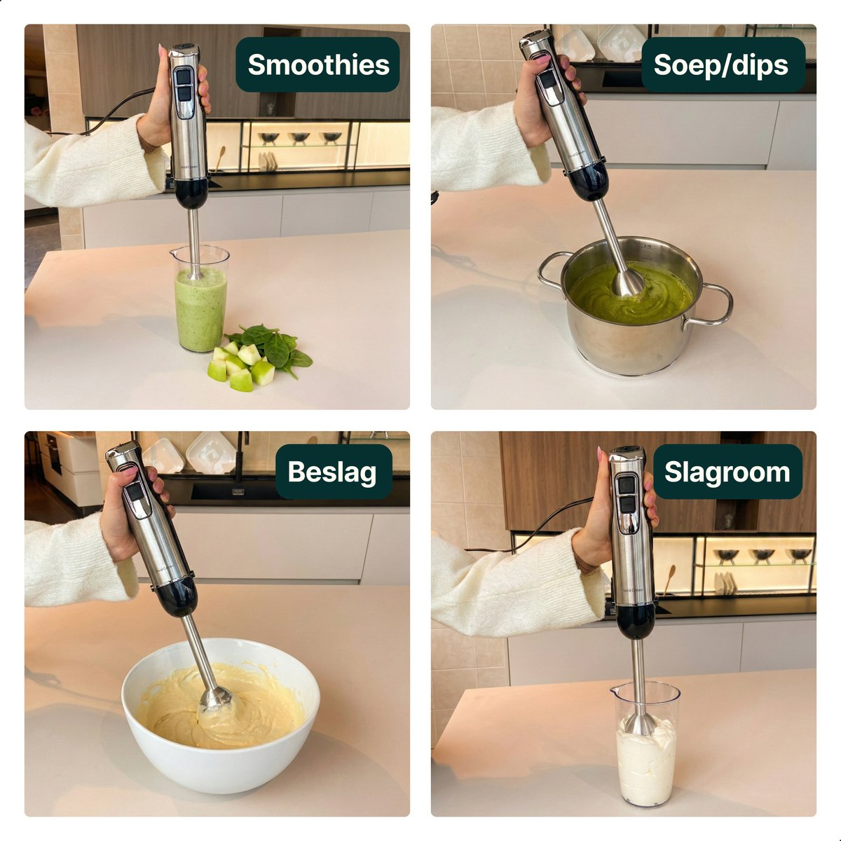 Hand blender processes smoothies, soup, batter, and cream in four separate images.