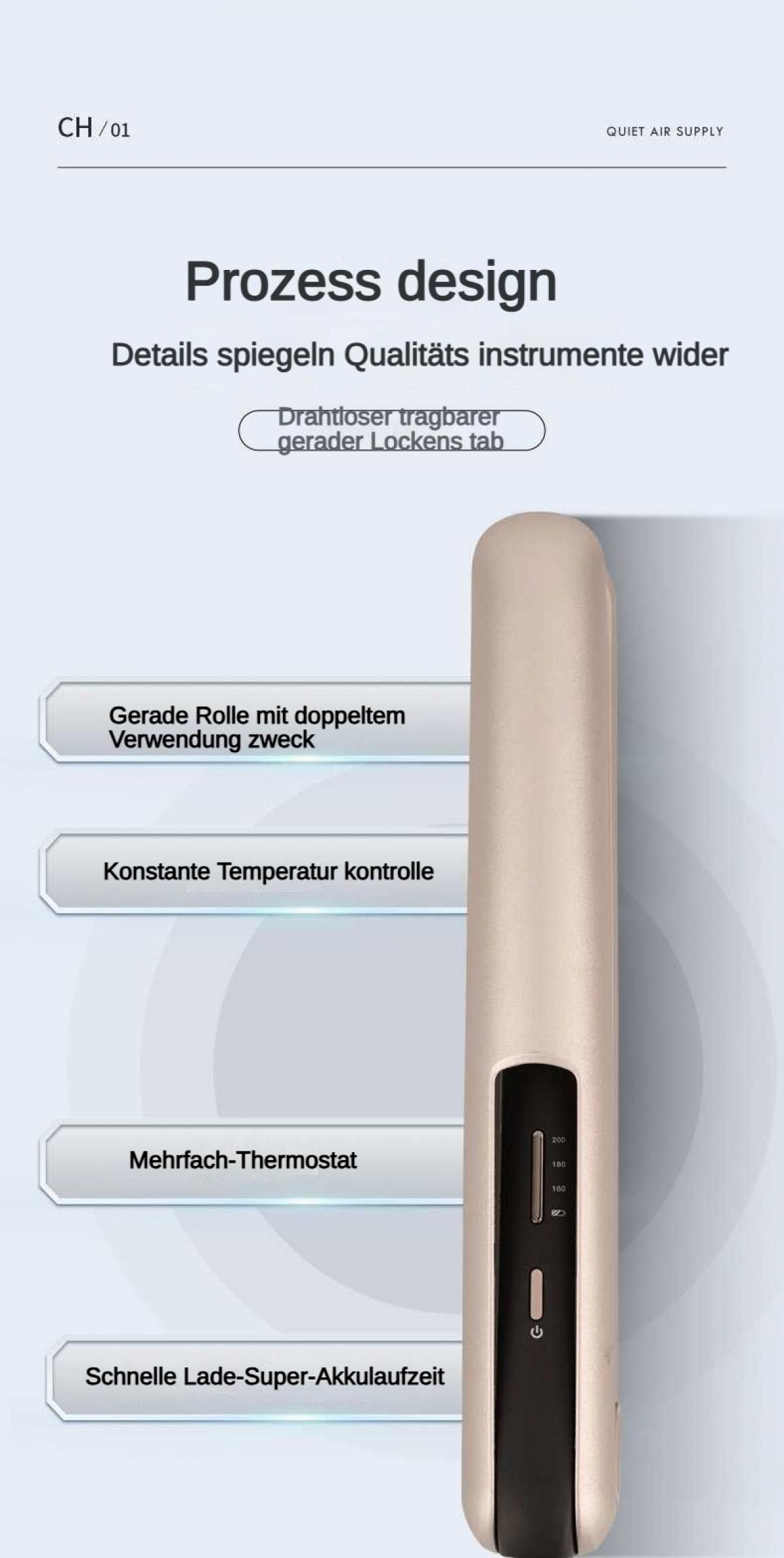 Ein goldener Lockenstab mit Beschriftungen: Drahtloser tragbarer Lockenstab.